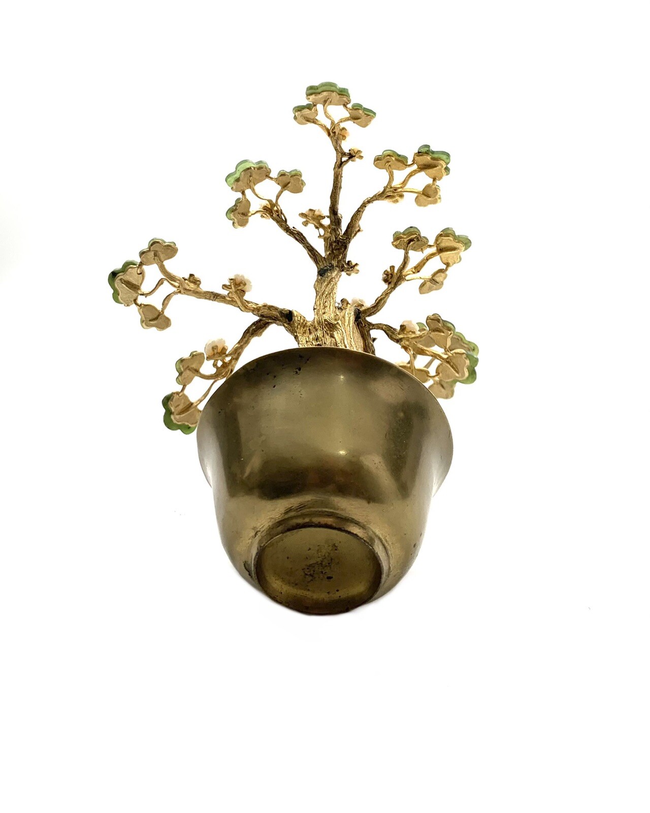Bonsai Tree Glass Jade Stone & Pearl Flower in Brass Pot Vintage Oriental Decor