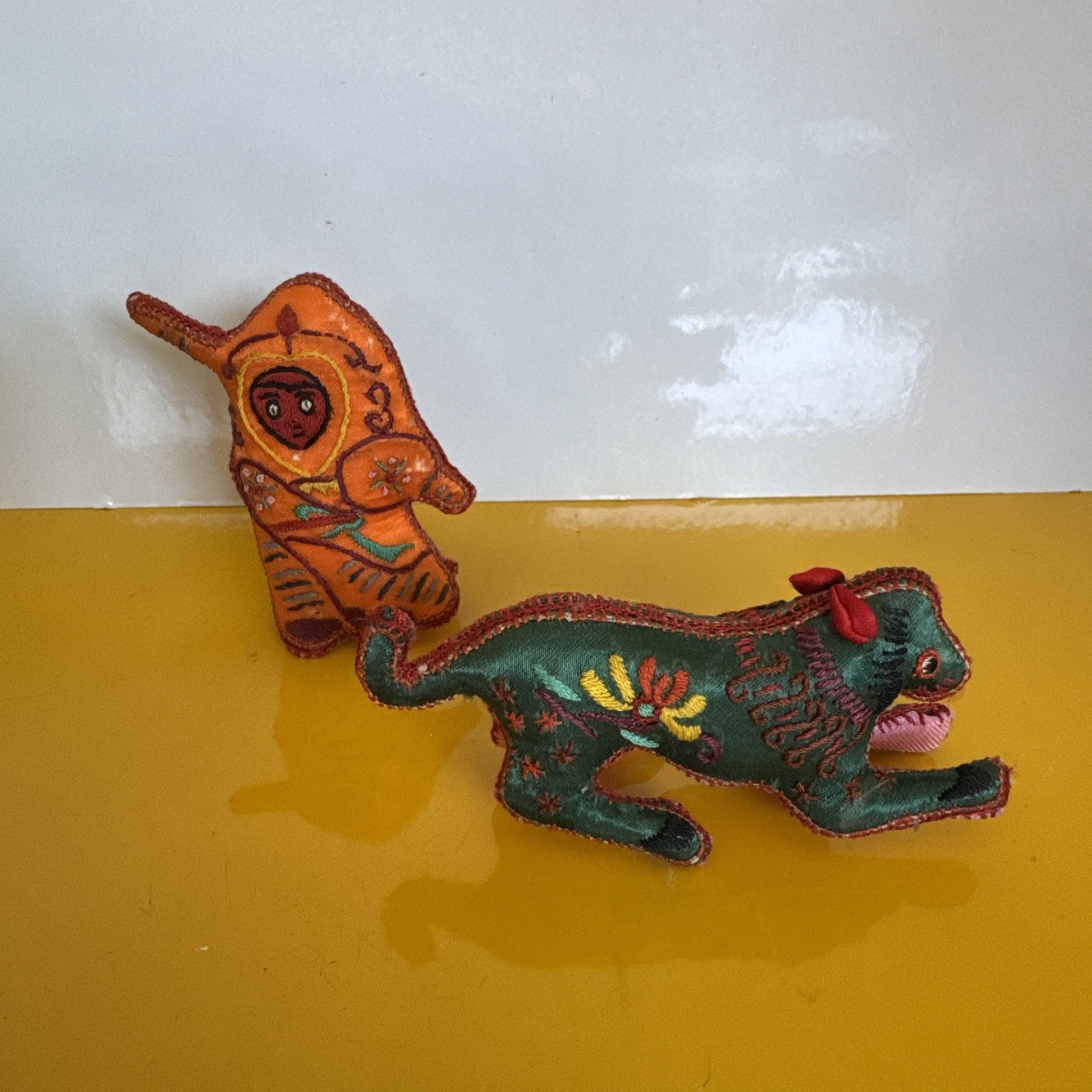 Vintage set of 2 handmade Chinese Silk Hand Embroidered Animal Figures