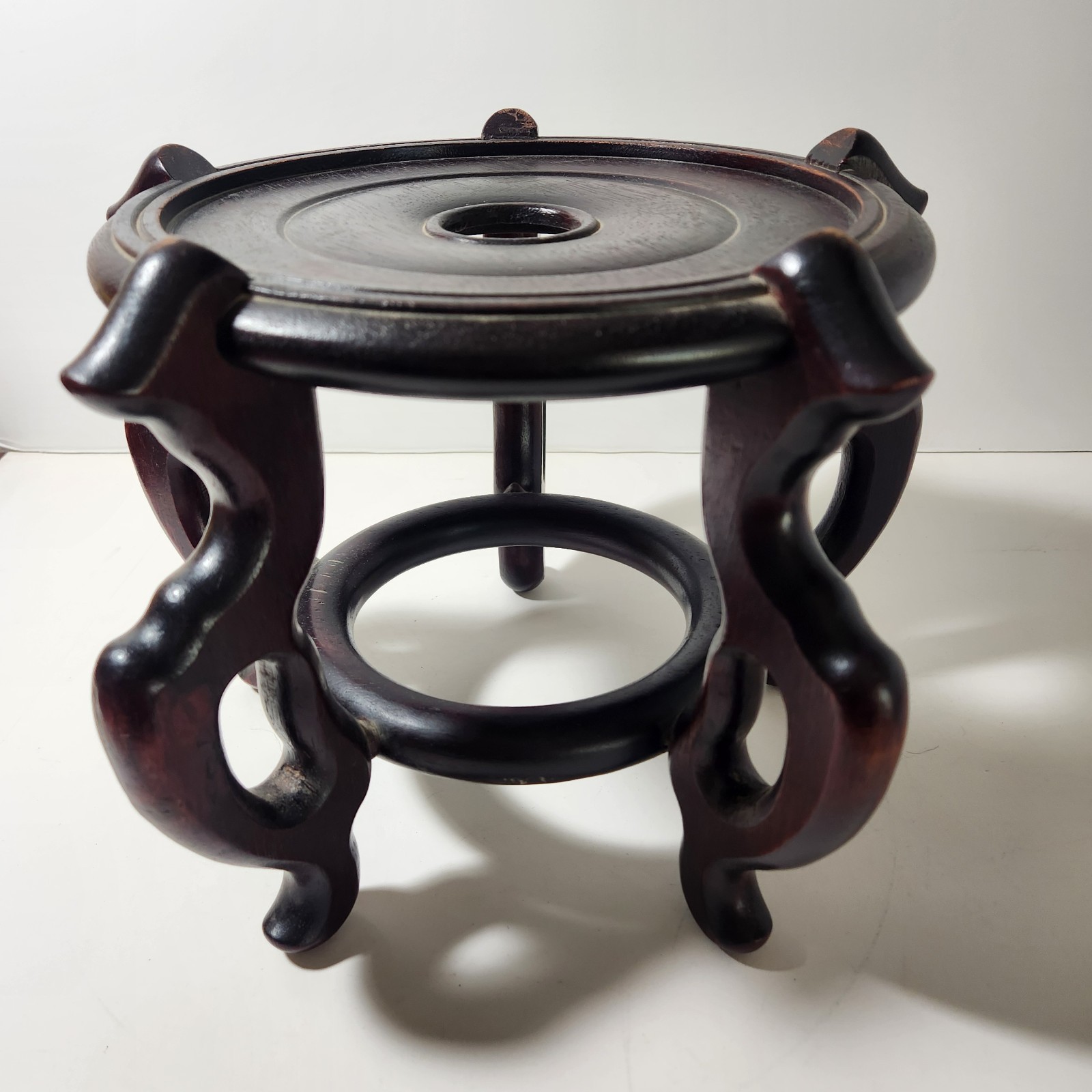 Vintage Chinese Carved Black Finish Wood Jardiniere Fishbowl Plant Stand 9″ High