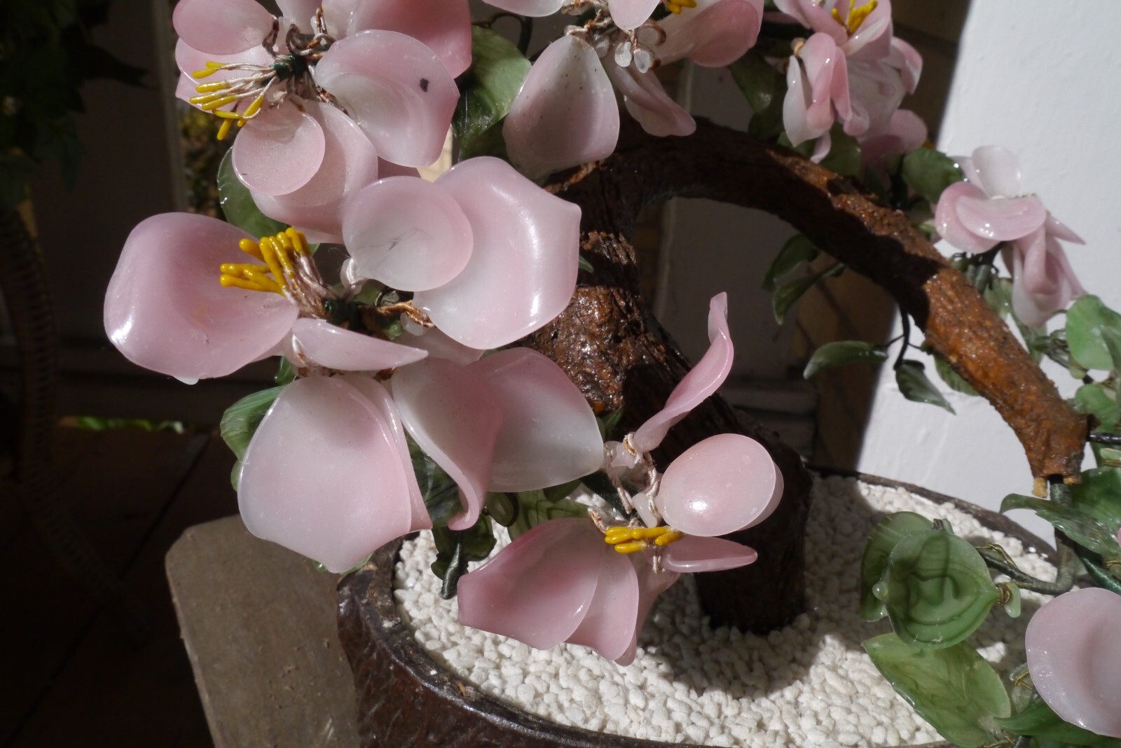 Jade Bonsai Tree Asian Chinese Japanese Art Glass Agate Pot Flowers VTG Dogwood?