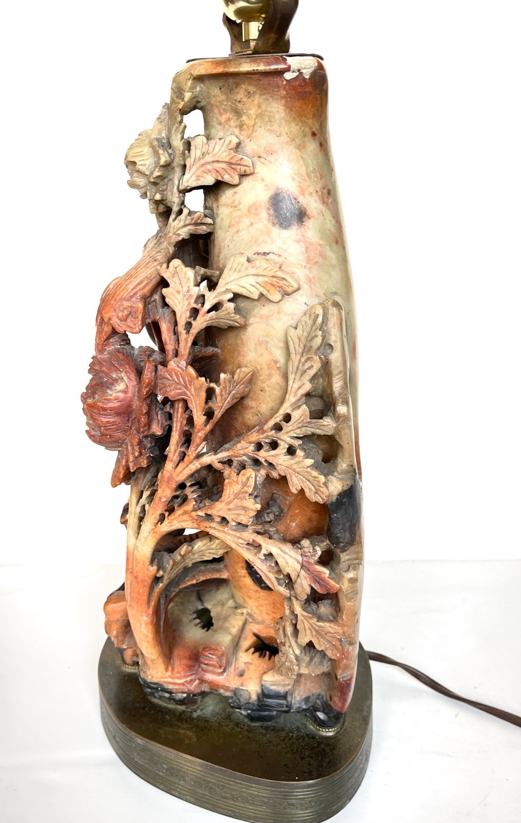 Chinese Soapstone Lamp Carved Bird Paradise Monkey Flowers Antique