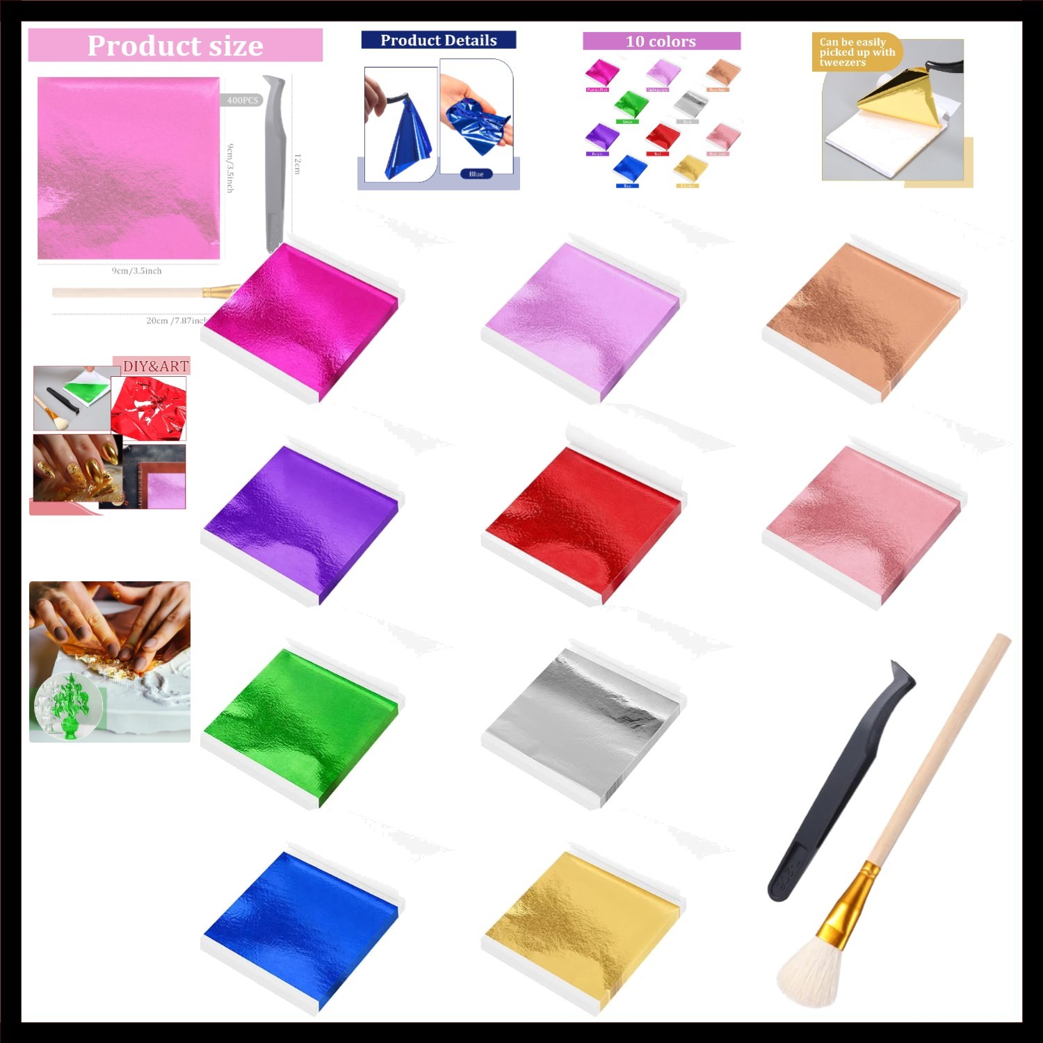 400 Pcs Imitation Gold Leaf Sheet, for Art Silver Foil Sheet Set with Brush a…