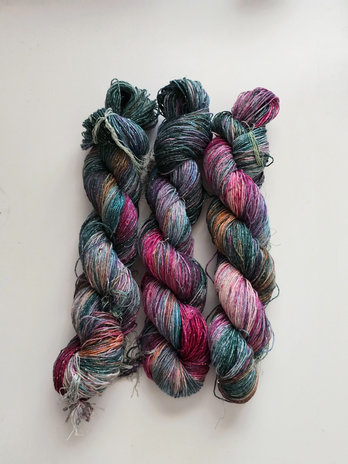 Premium Hand Dyed Cotton Lurex Sock Yarn Pink Moss Iridescent Glitter 100g