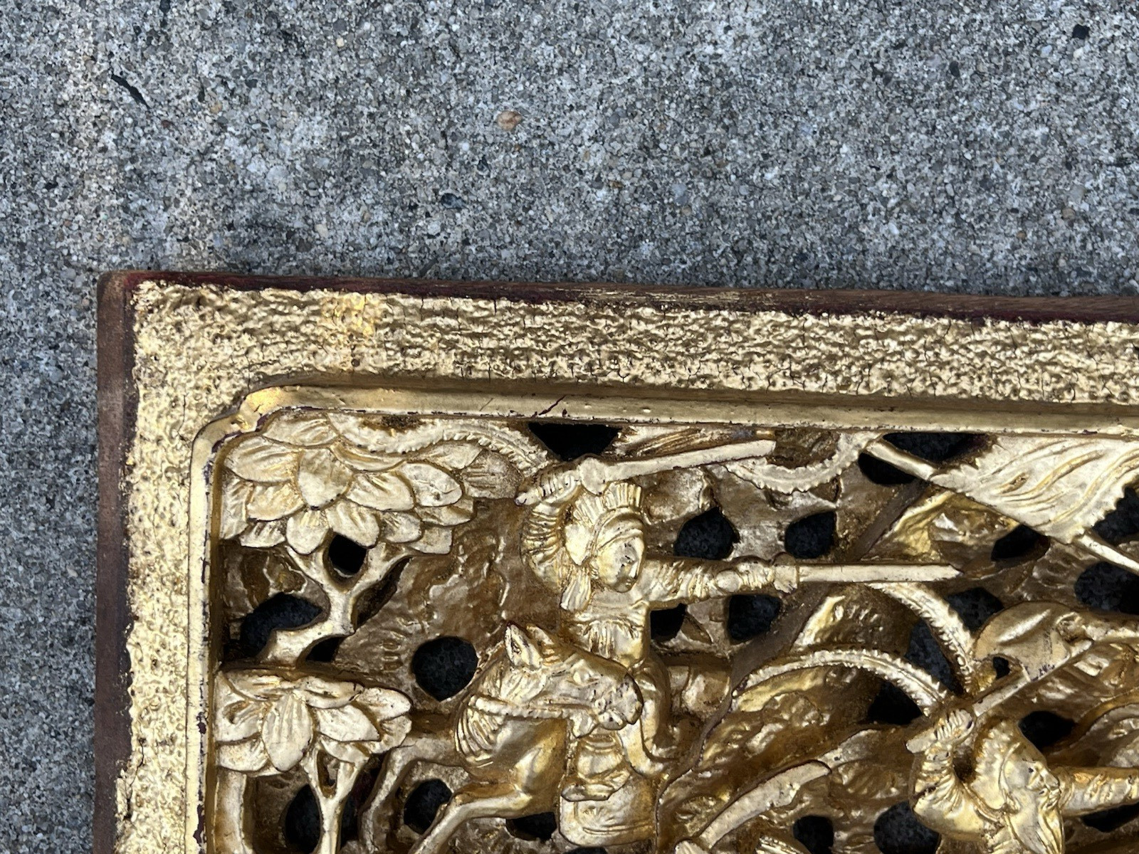 Antique Asian Chinese Gold Gilded Carved Warrior Wood Panel