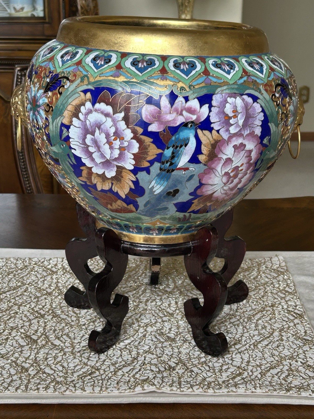 Chinese Cloisonné Planter Flower Pot Peonies Birds Lion Head Accent Brass