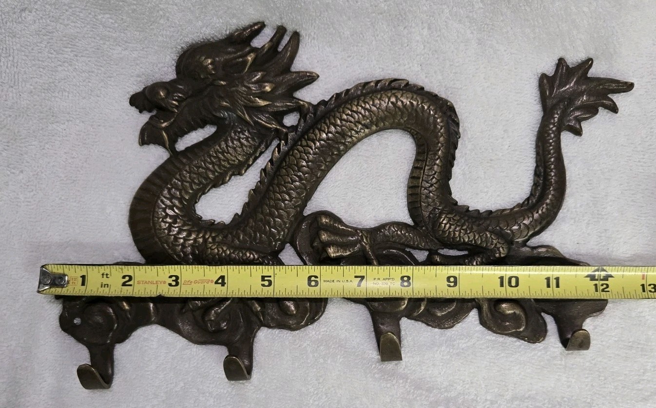 Vintage Chinese Brass Dragon Mounted Wall Hanger w/Hooks Solid Metal 12.5″×8″