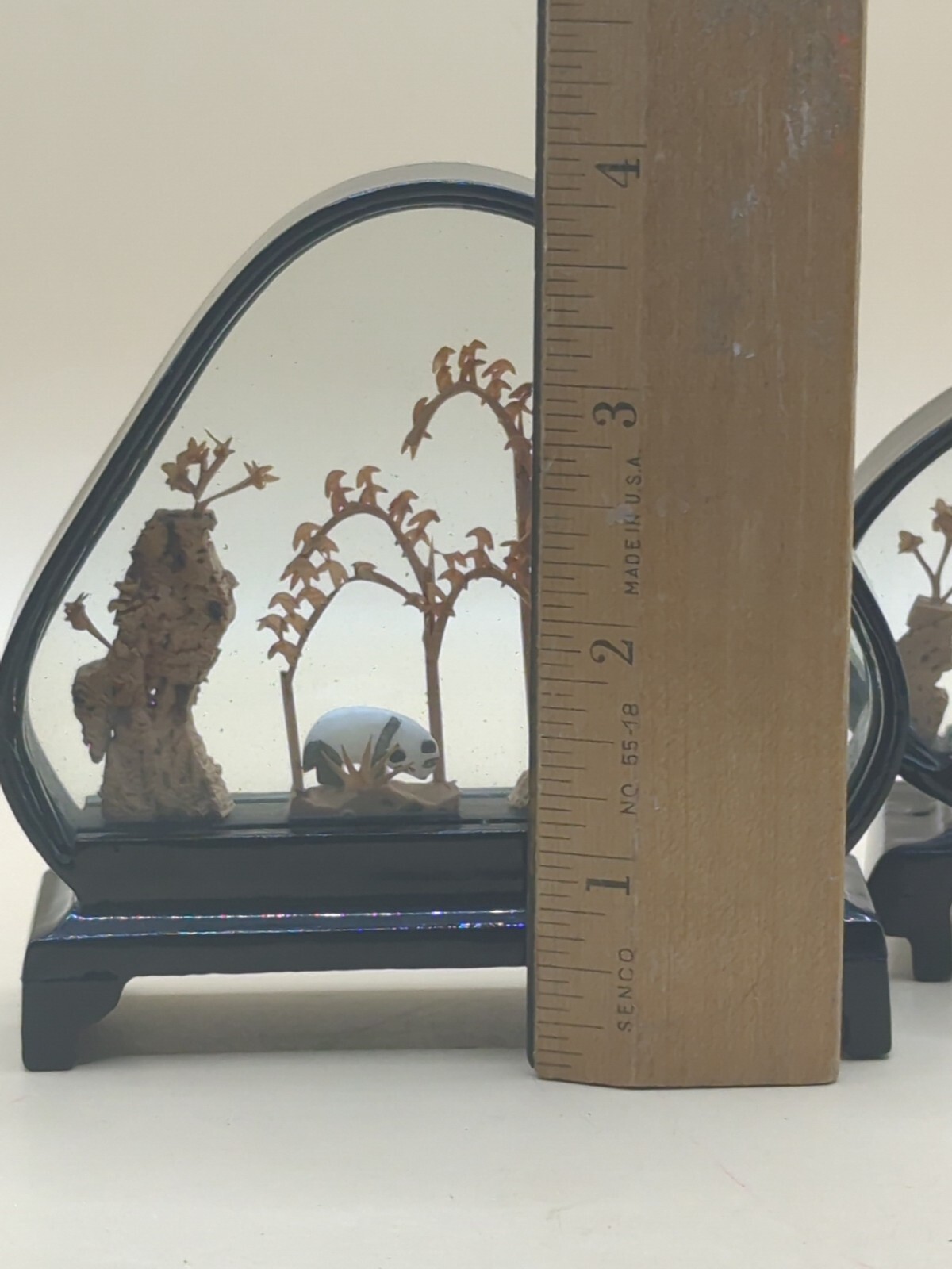 Vintage 2 Hand Carved Cork Diorama of Storks And Pandas in Black Lacquer Frames