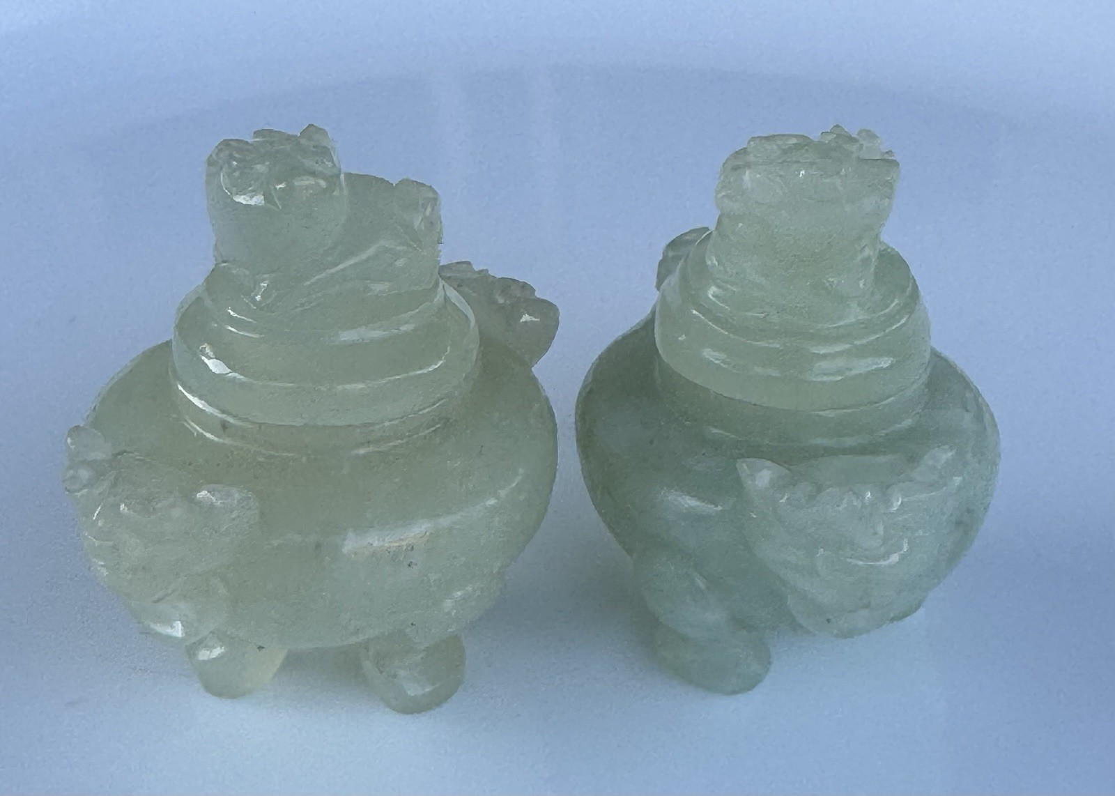 2 Vintage Rare Chinese Carved Jade – Miniature Foo Dog Incense Burners
