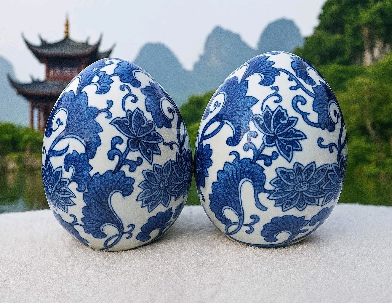 Vintage Asian Blue & White Two Large Eggs 7” Collectible Home Décor Flowers