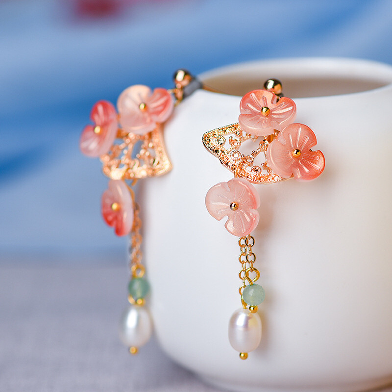Chinese Dongling Jade/Coloured Glaze/Pearl Tibetan Style Vogue Earbob Earrings