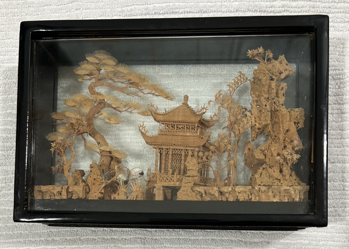 Chinese Carved Cork Art Shadow Box Pagoda Black Wood Frame 7.5”x5”