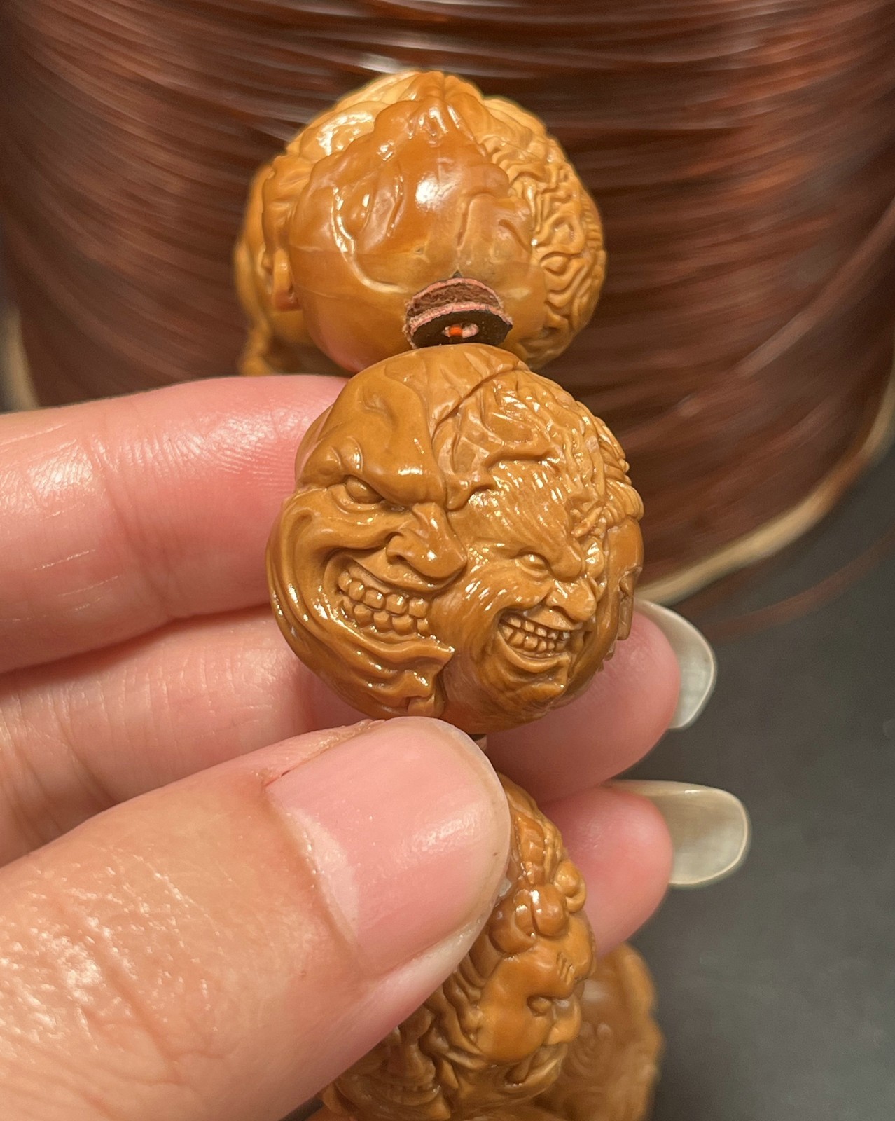 Large Olive Dentoliva Deep Relief Carving “Good Vs. Evil” Fierce Monk Bracelet