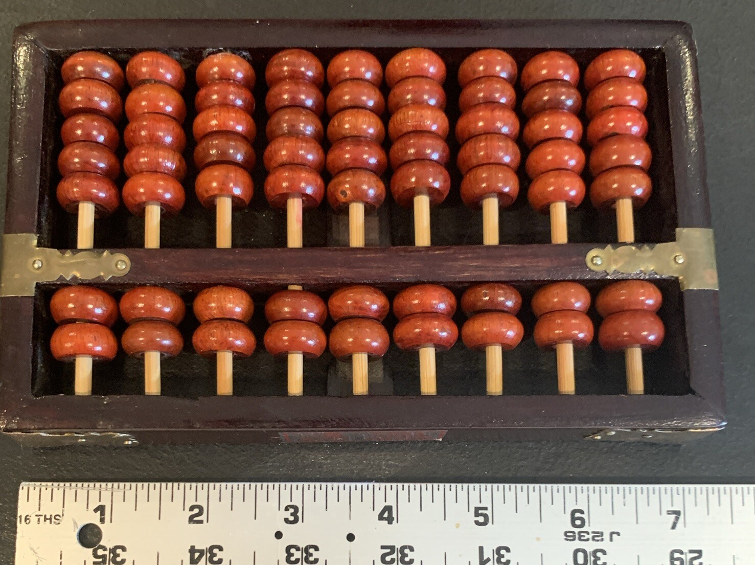 Vintage Red Lion Abacus Wood and Brass Made in China 63 Beads 7.5” x 4.5”
