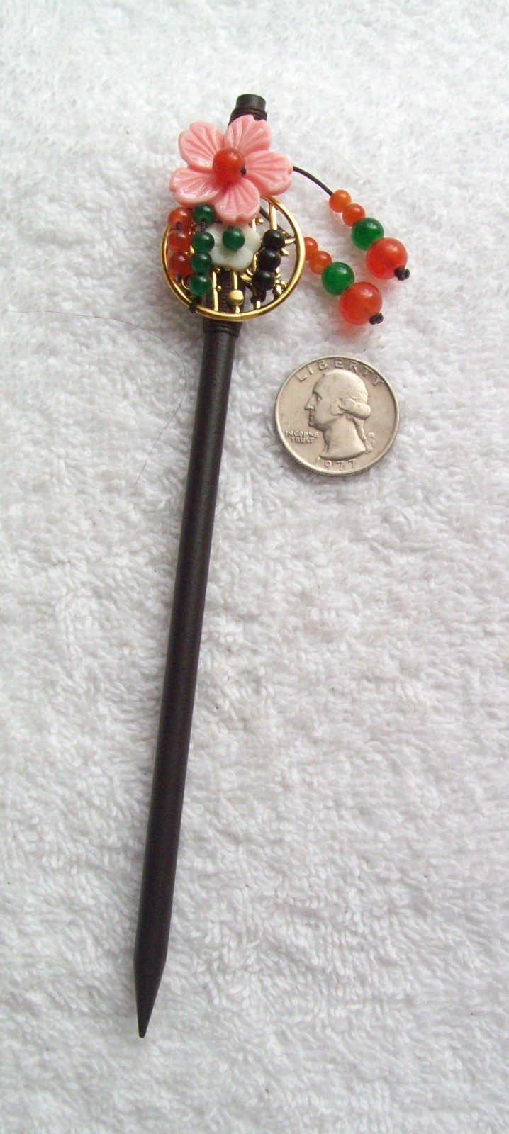 Vintage Japanese Decorative Wood & Stone Hair Pick