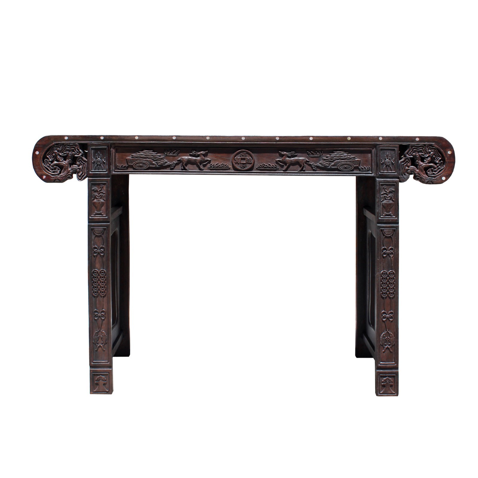 Chinese Brown Huali Rosewood Scroll Inlay Deer Fortune Motif Altar Table cs4227
