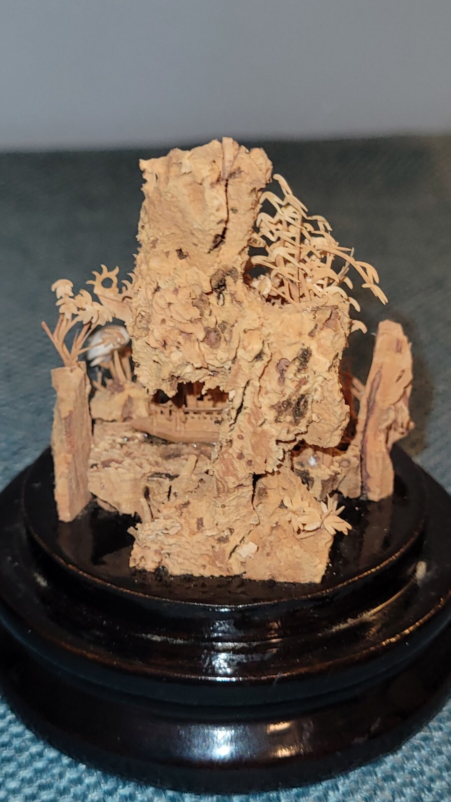 Vintage 5″ Chinese Diorama Pagoda Cork Carving Trees & Cranes Scenic Sculpture