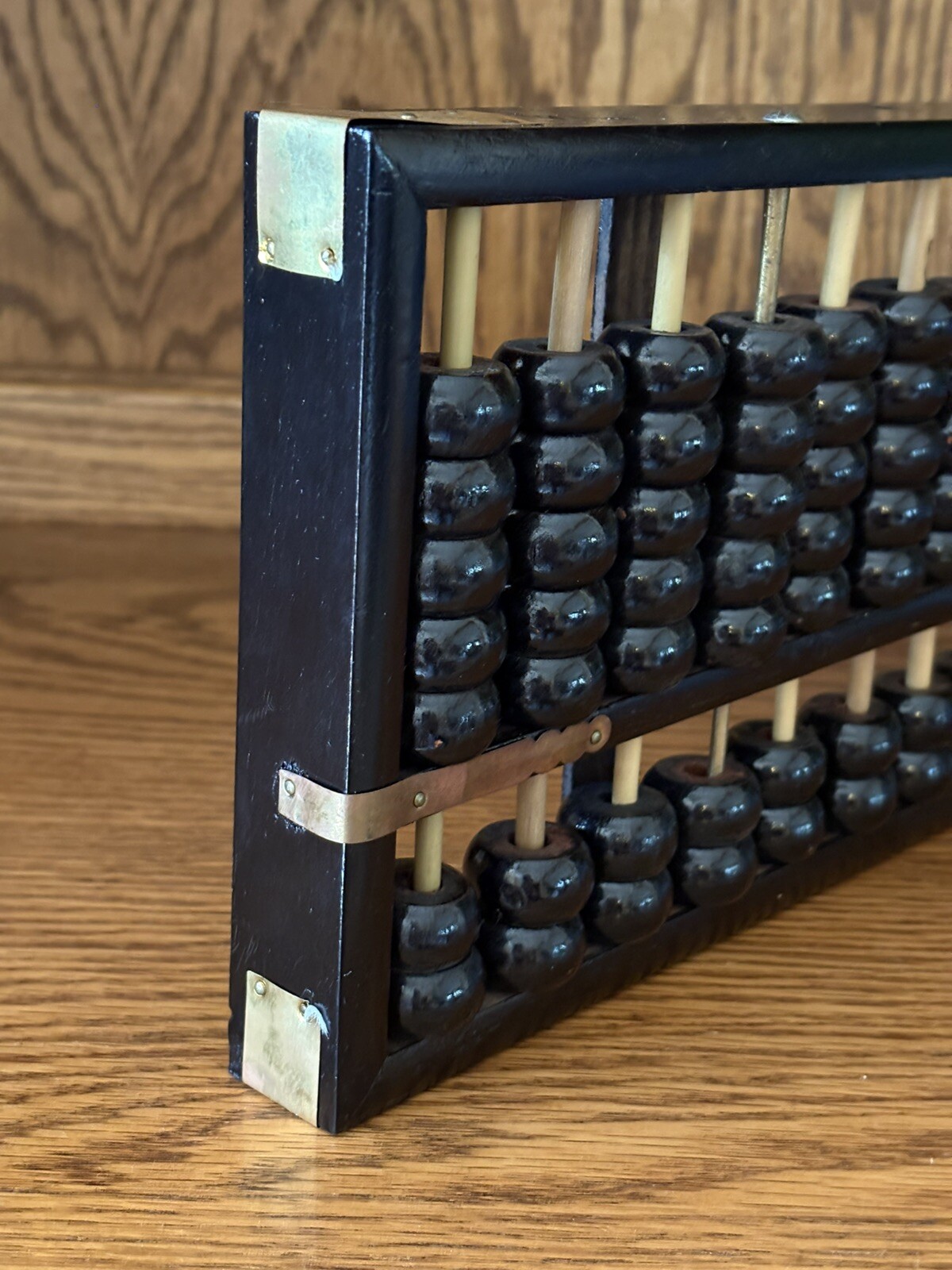 Vintage Zhejiang Chinese Black Wooden Abacus 13 Rods 91 Beads Brass Accents GVC