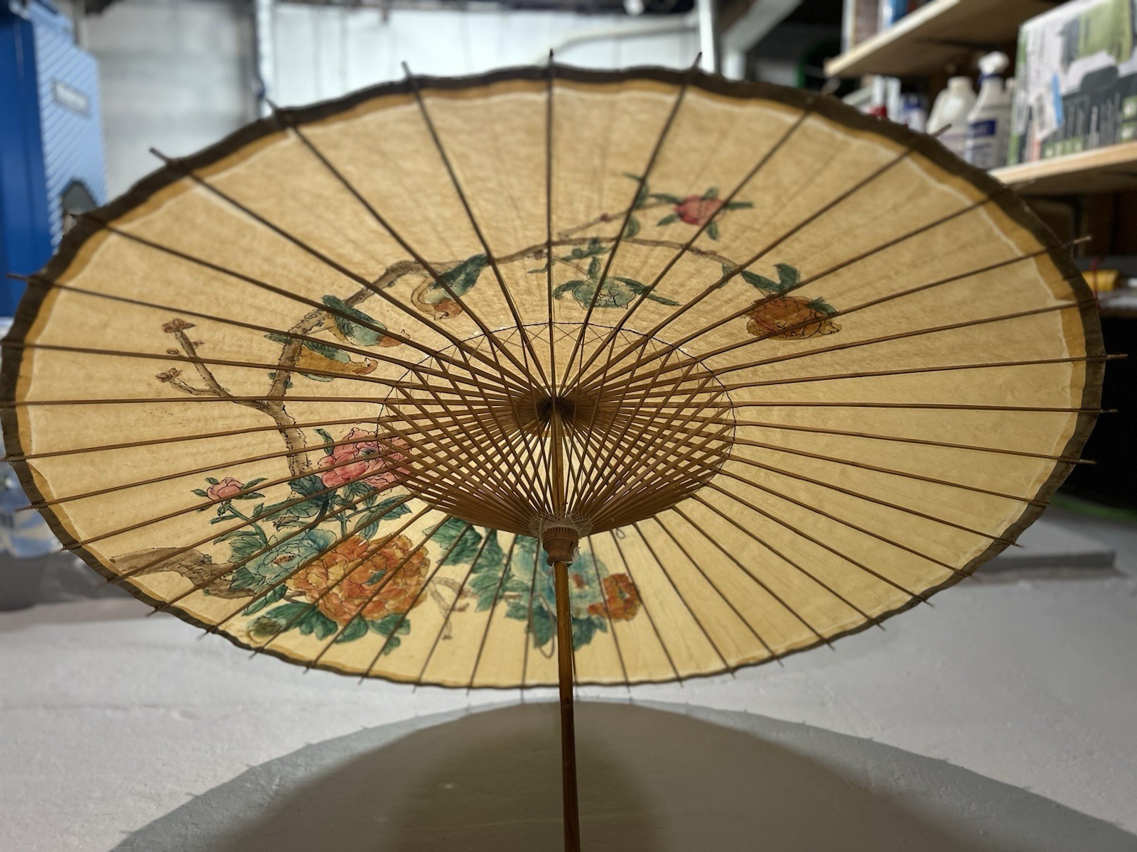 (2) Vintage Hand Painted Oriental Bamboo Rice Paper Umbrella Parasol Wood Handle