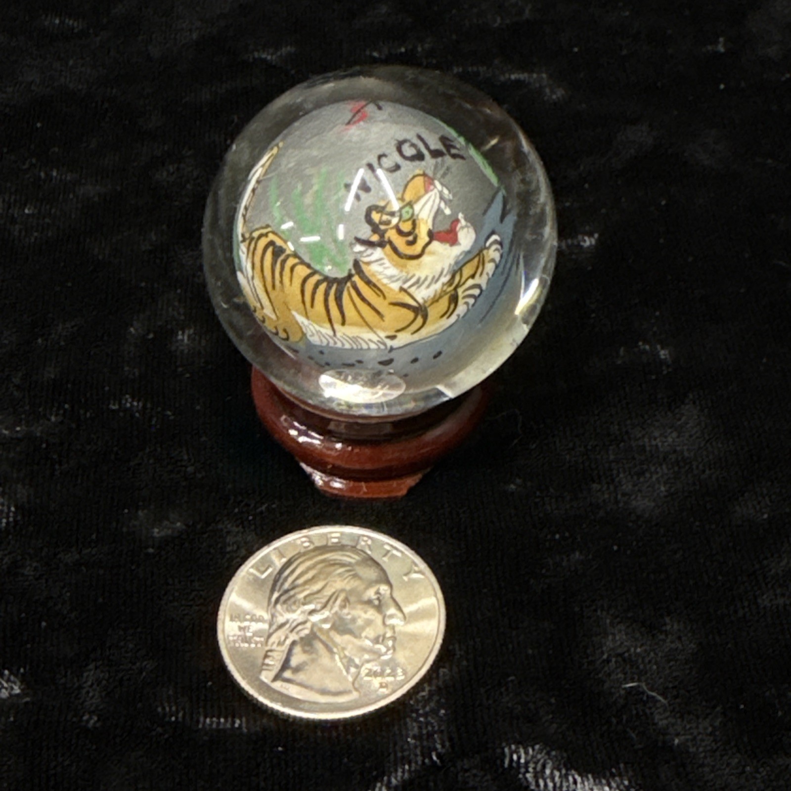 Chinese reverse painted Glass Ball Sphere Orb Tiger w/Stand 1 3/4″ x 1 1/2″