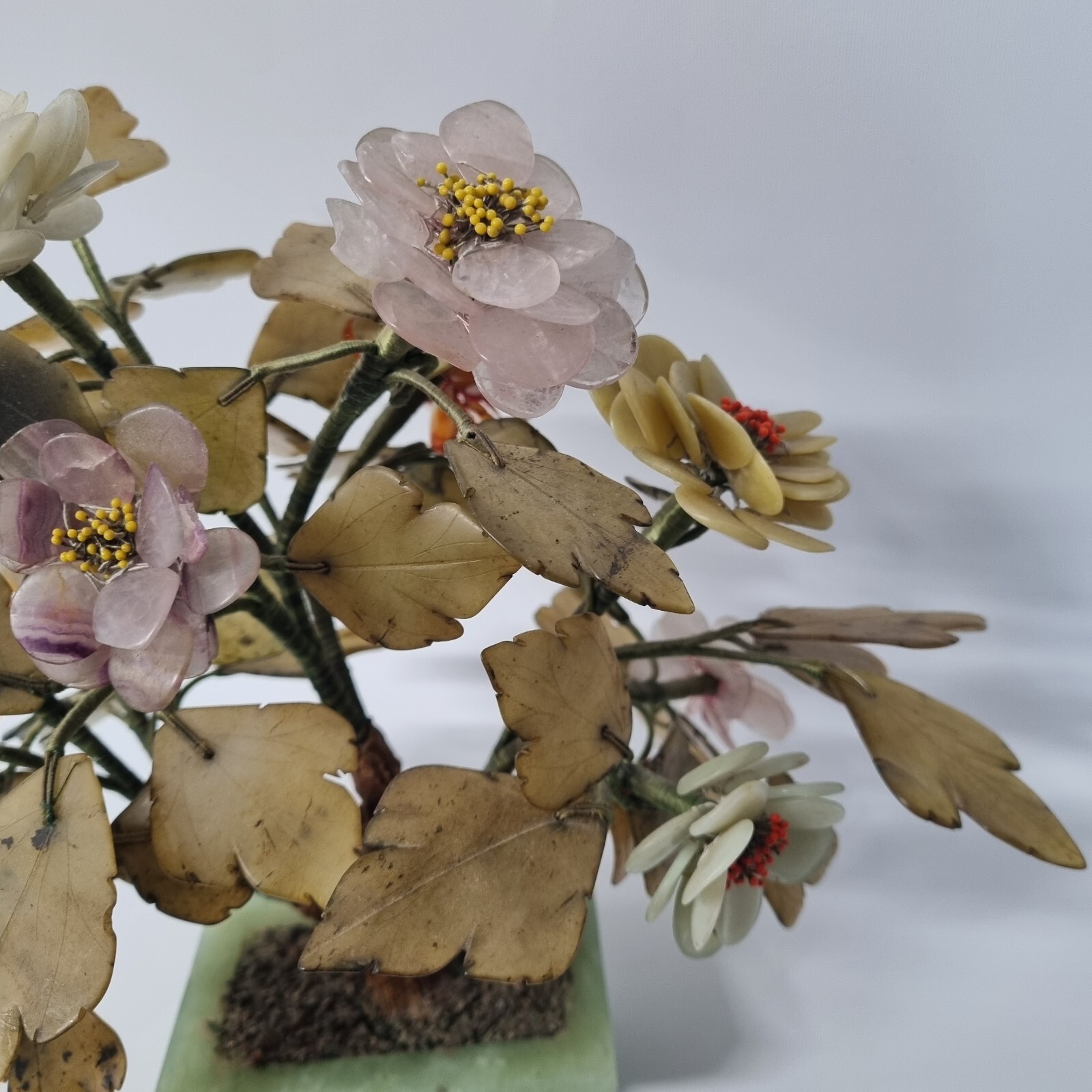 VINTAGE MCM CARVED JADE AGATE BONSAI FLOWER ASIAN ART TREE 11″ TALL