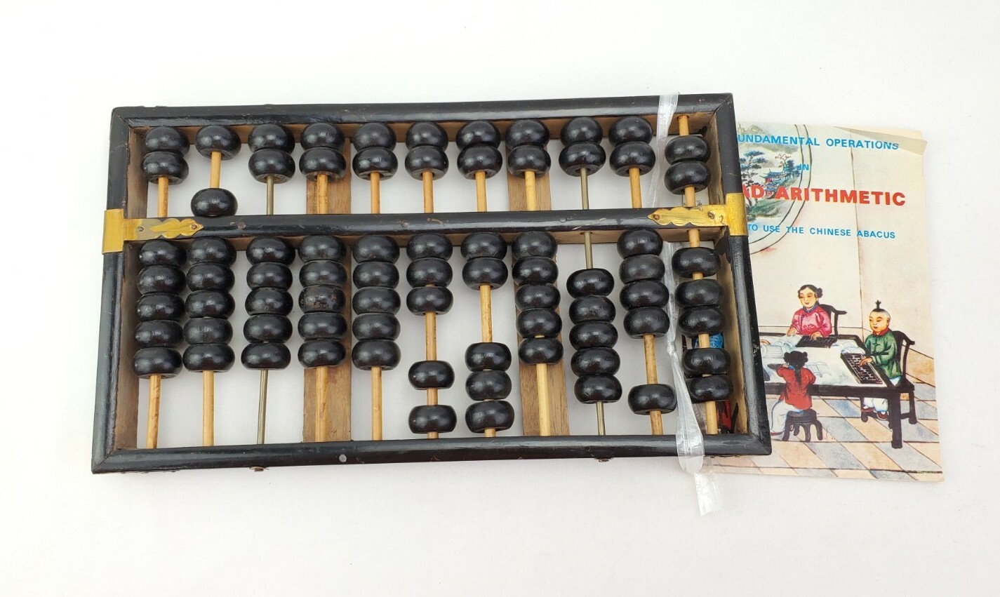 Vtg Abacus Lotus Flower Black Lacquer Wooden Brass 11 Rods 77 Beads Booklet 60s