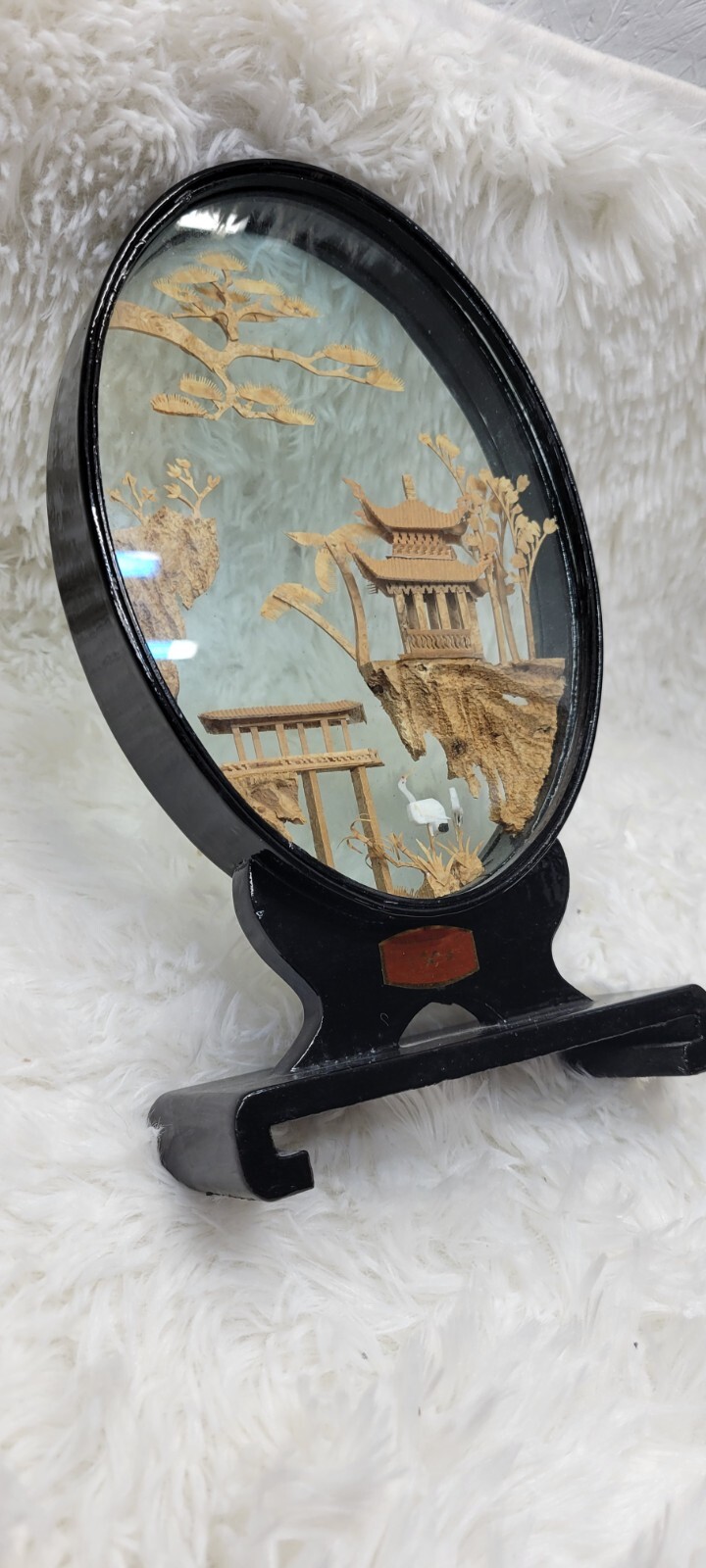 Diorama Vintage Chinese Cork Wood Oval Glass Original Sticker Cranes Pagoda