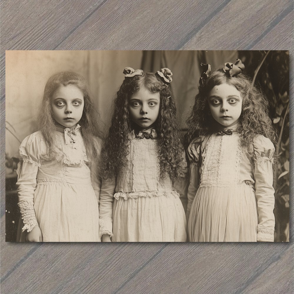 STICKER Trio of Girls Wide Eyes Curls Old-Fashioned Gowns Haunting Look Kids