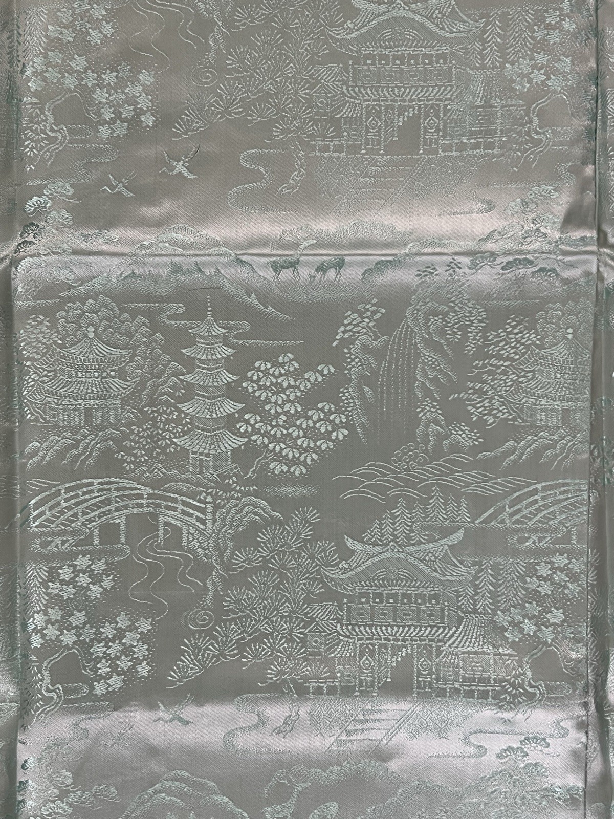 Vtg BROCADED Silky Ice Blue Tablecloth Cover Reversible China Fringe 50×60” MCM