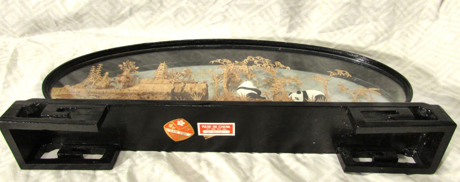 Vintage Chinese Panda Cork Diorama Arched Black Lacquered Shadow Box Case 1950s