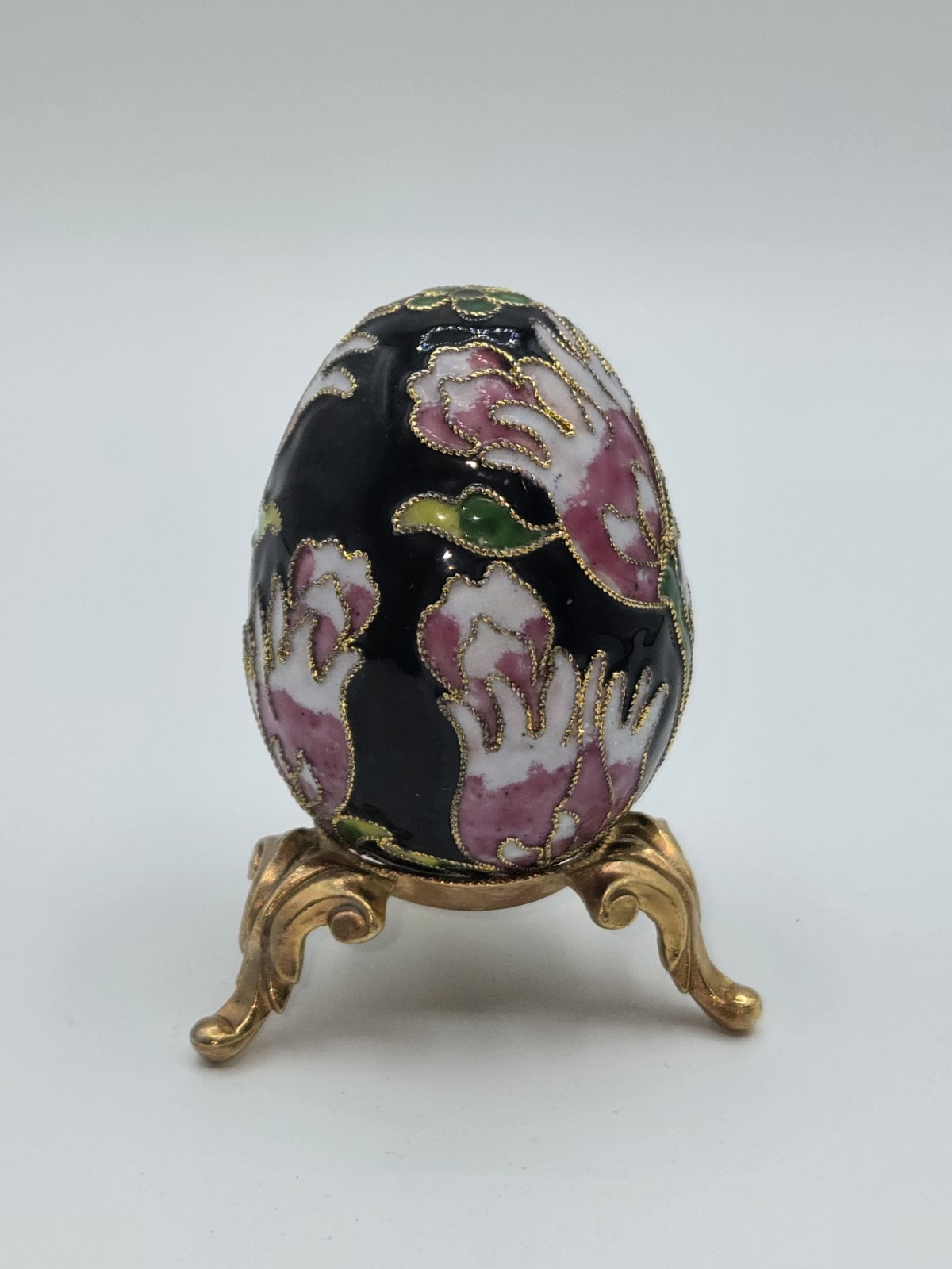 Chinese Cloisonné Metal / Enamel Egg w/Gold colored Metal Display Stand Vintage