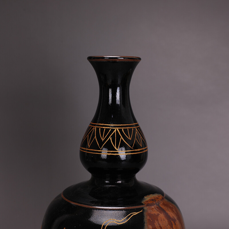 12.1″ Chinese Song Porcelain Jun Kiln Black Glaze Gild Animal Dragon Gourd Vase