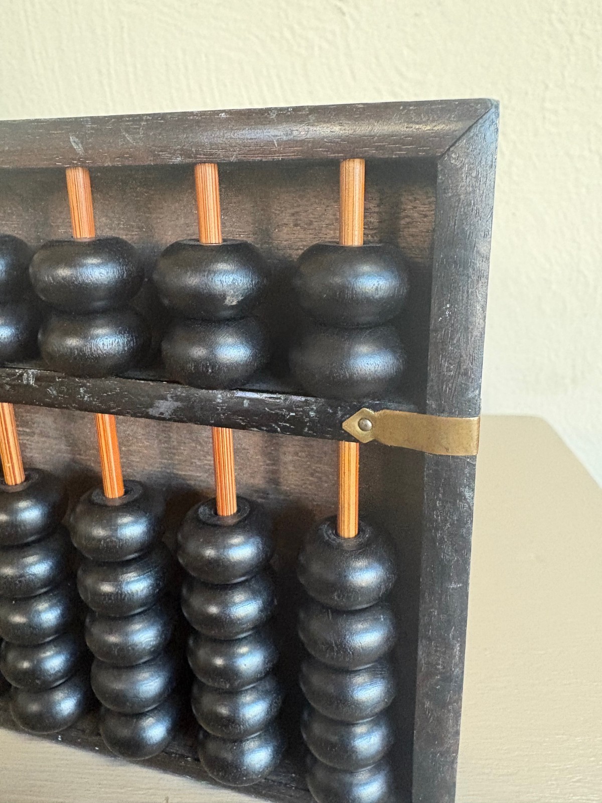 Vtg Wood and Brass Abacus Calculator Decor Piece Japan 9 Rods 63 Beads