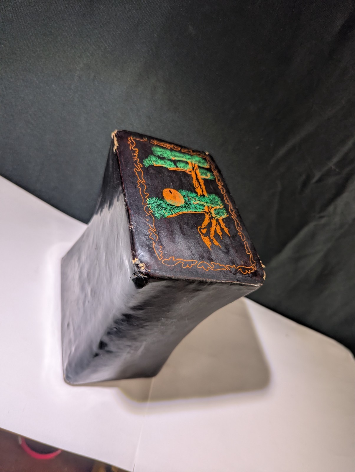 ANTIQUE CHINESE BLACK LACQUERED LEATHER OPIUM PILLOW GEISHA ASIAN DECOR TREES