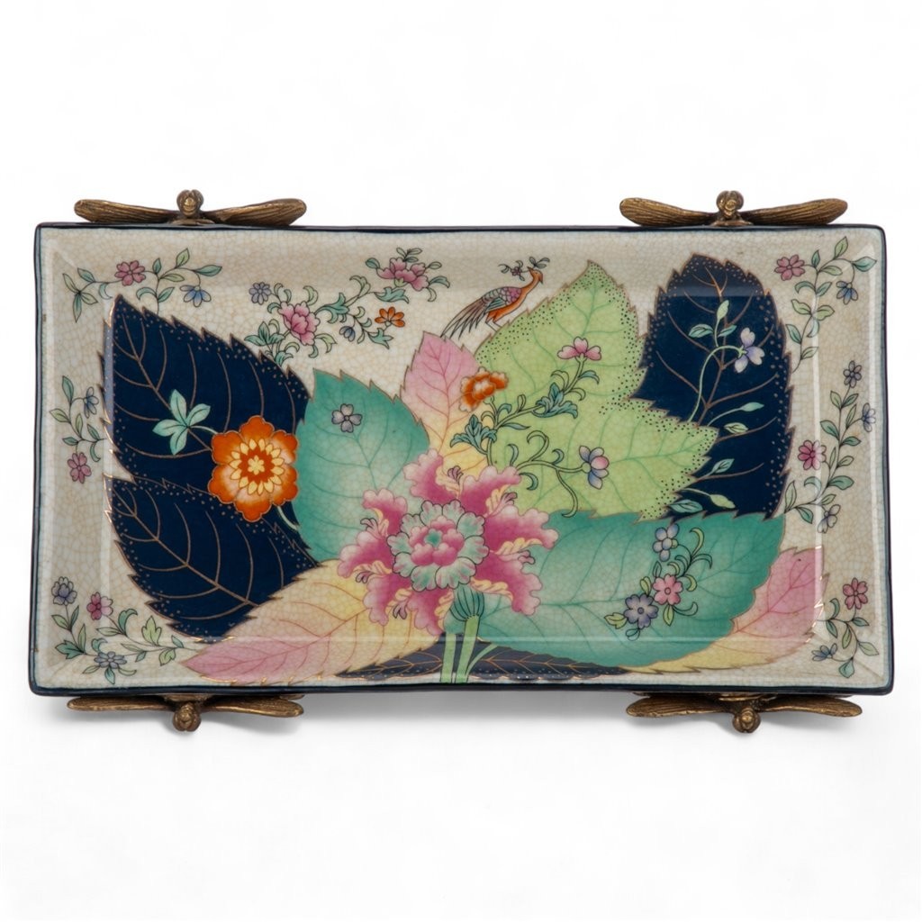 PORCELAIN Chinese TOBACCO LEAF MOTIF TRAY WITH BRONZE ORMOLU dragonflies