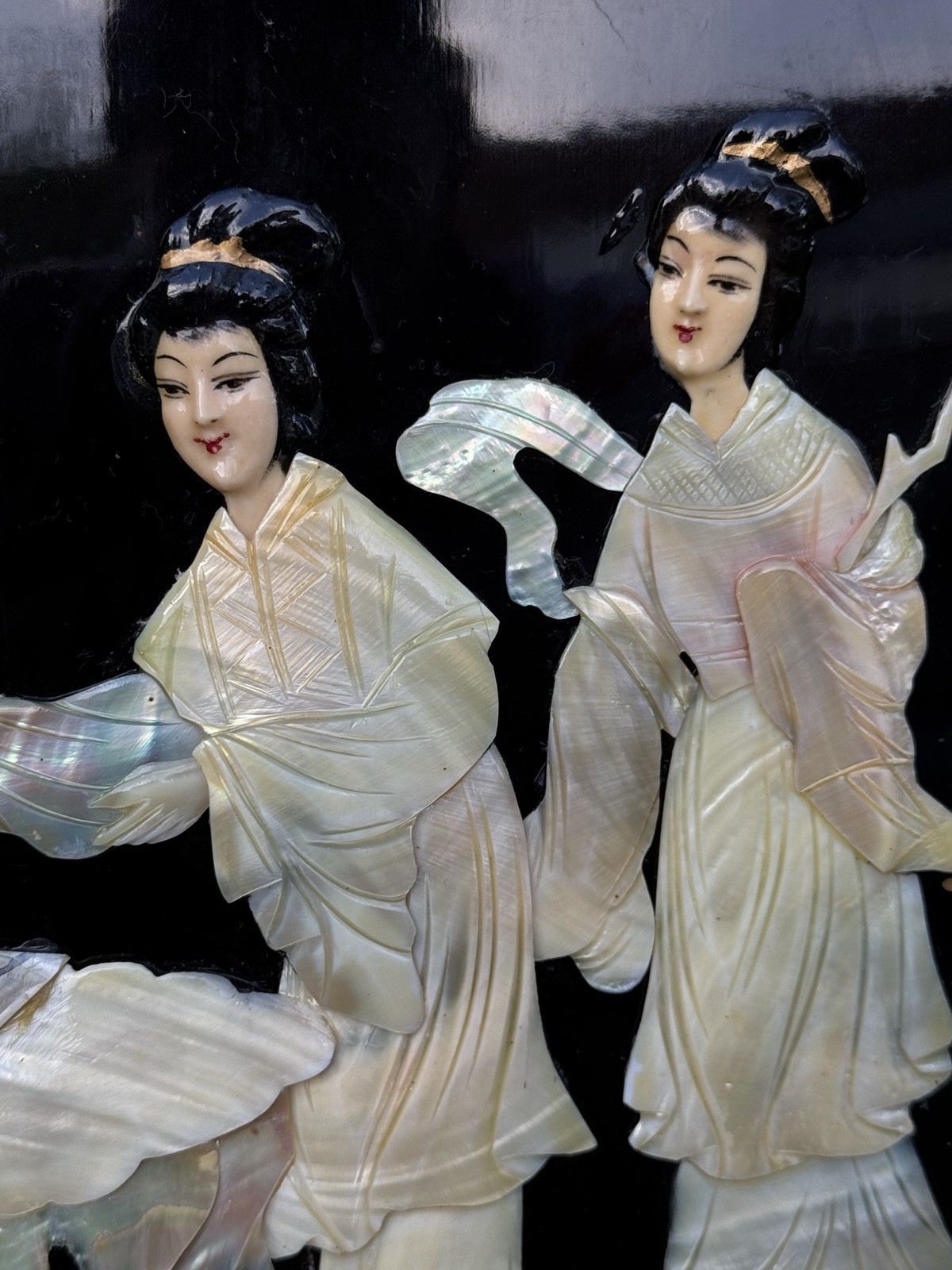 4 Vintage MCM Chinese Mother Of Pearl And Black Lacquer Panels 36 X 12