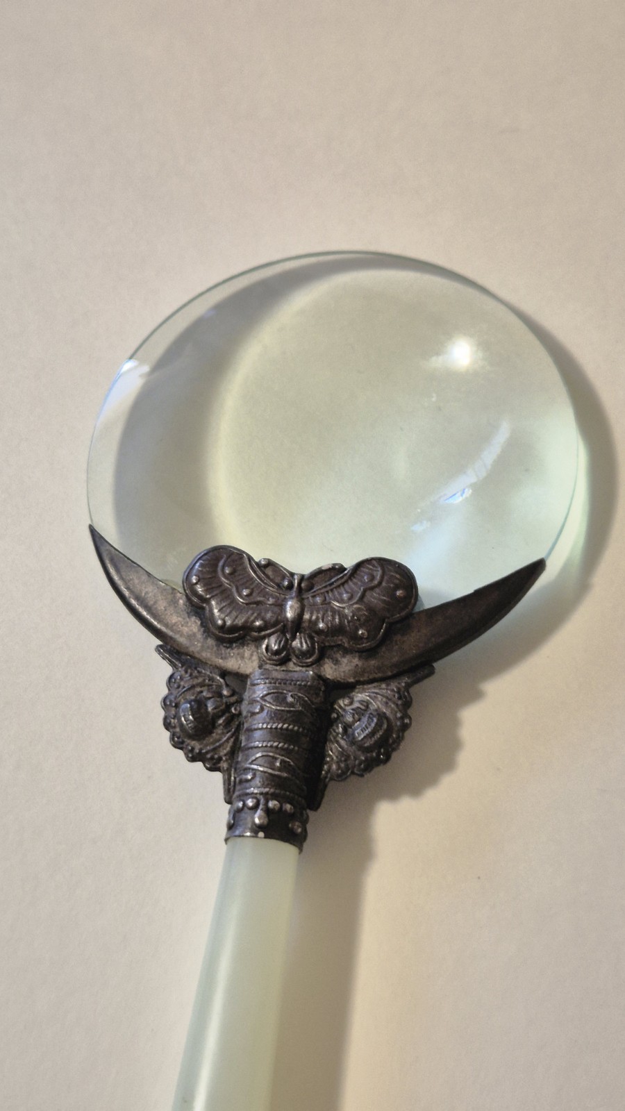 Antique 1900s Jade Stone Handle & Silver Filigree Magnifying Glass Jadeite