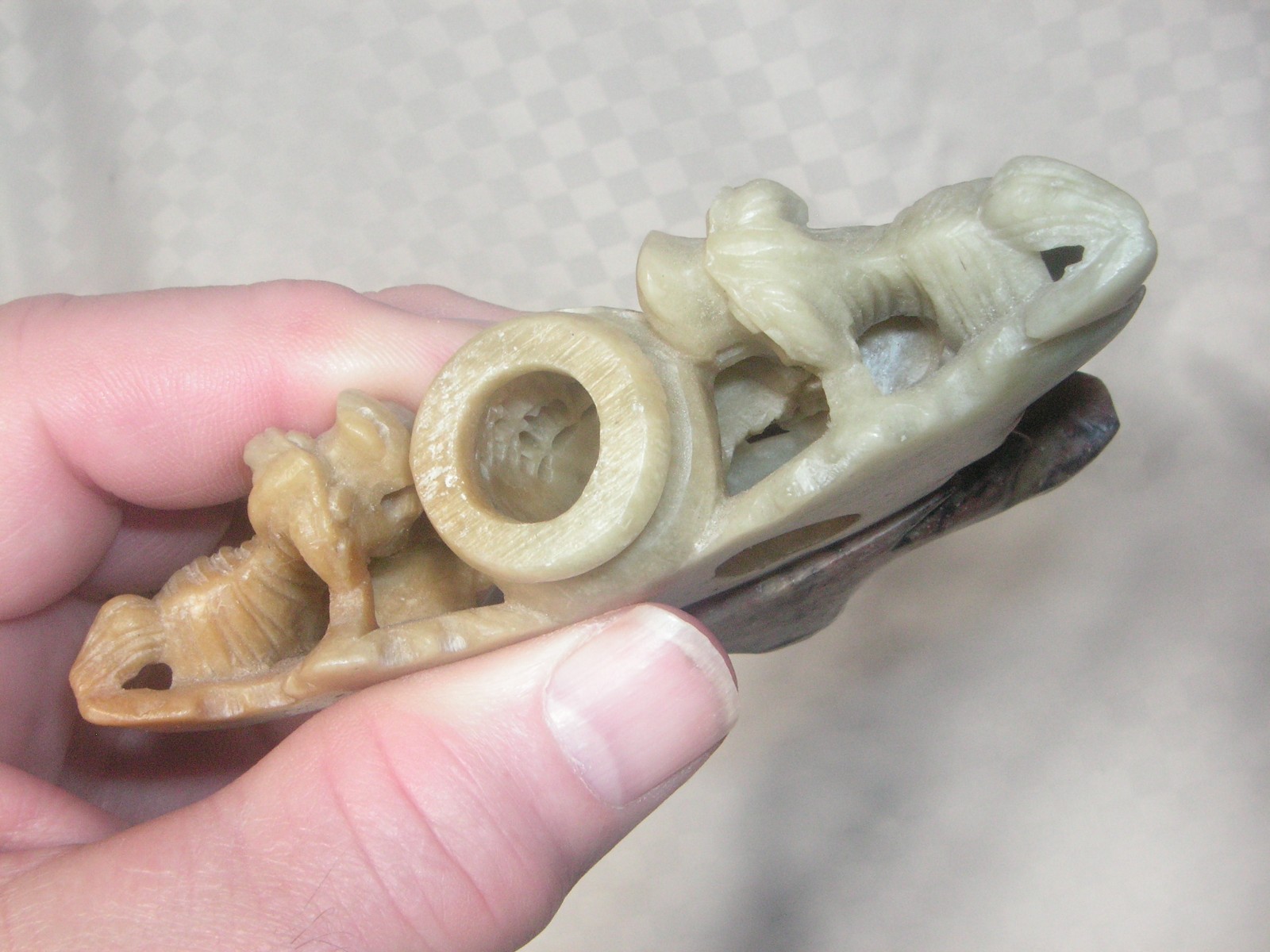 VINTAGE, PROBABLY CHINESE, SOAP STONE INCENSE BURNER WITH FOO DOGS, CARVINGS