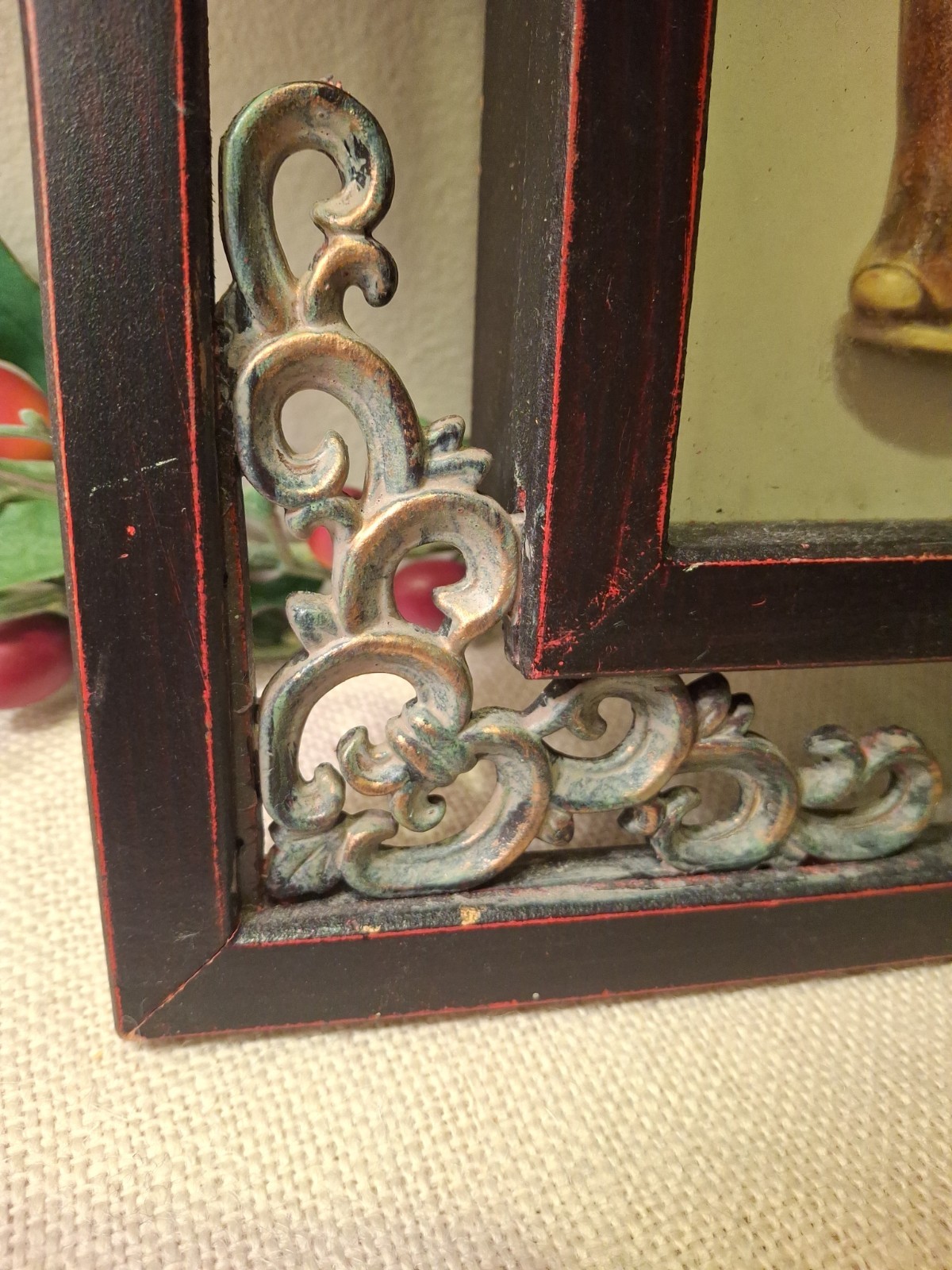 Vintage Chinese Ornate Wood Frame Shadow Box Porcelain Woman 10.5″x14″