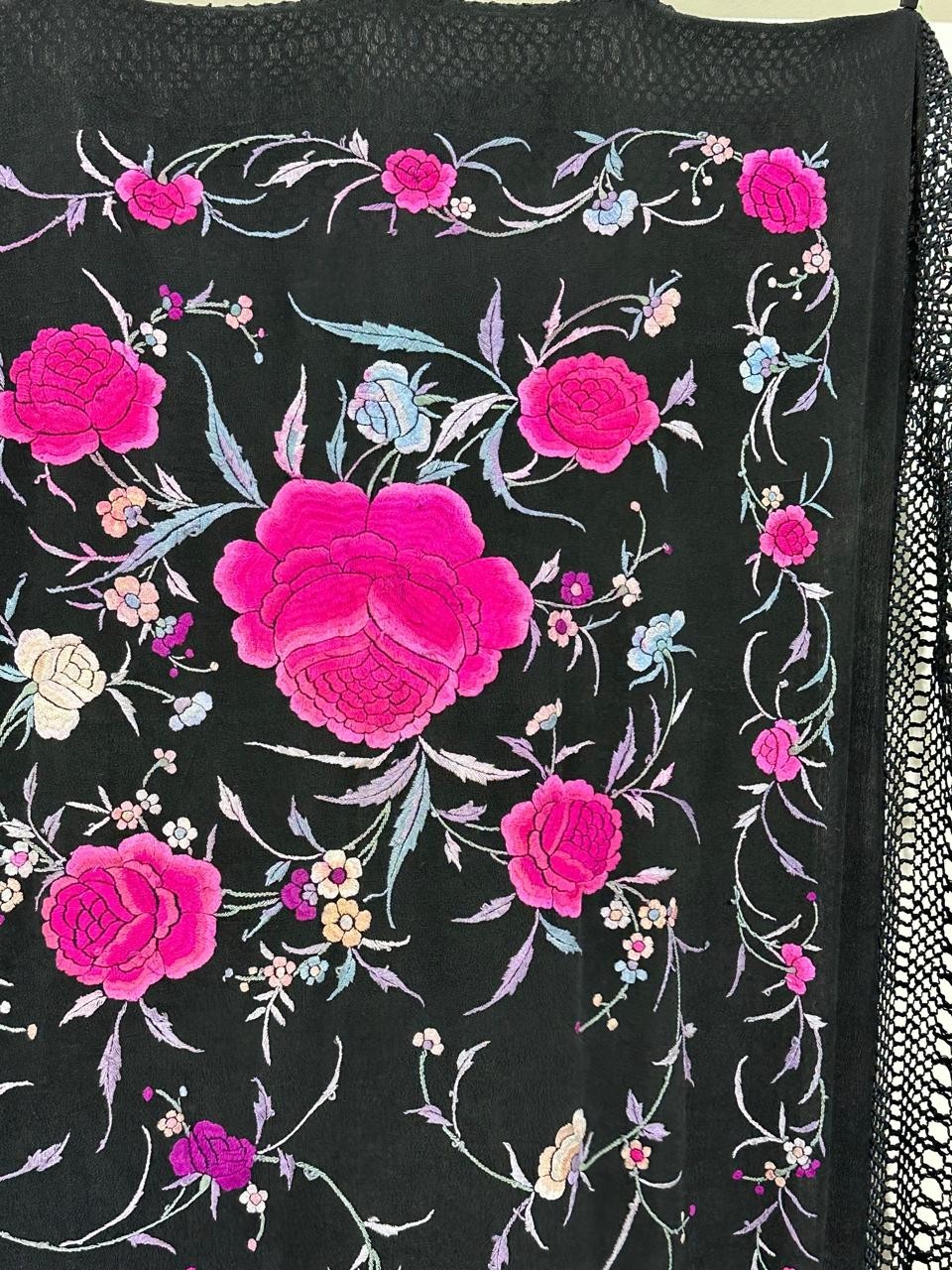 Antique Menton De Manila Silk Black Ground Multi Embroidery Piano Shawal,