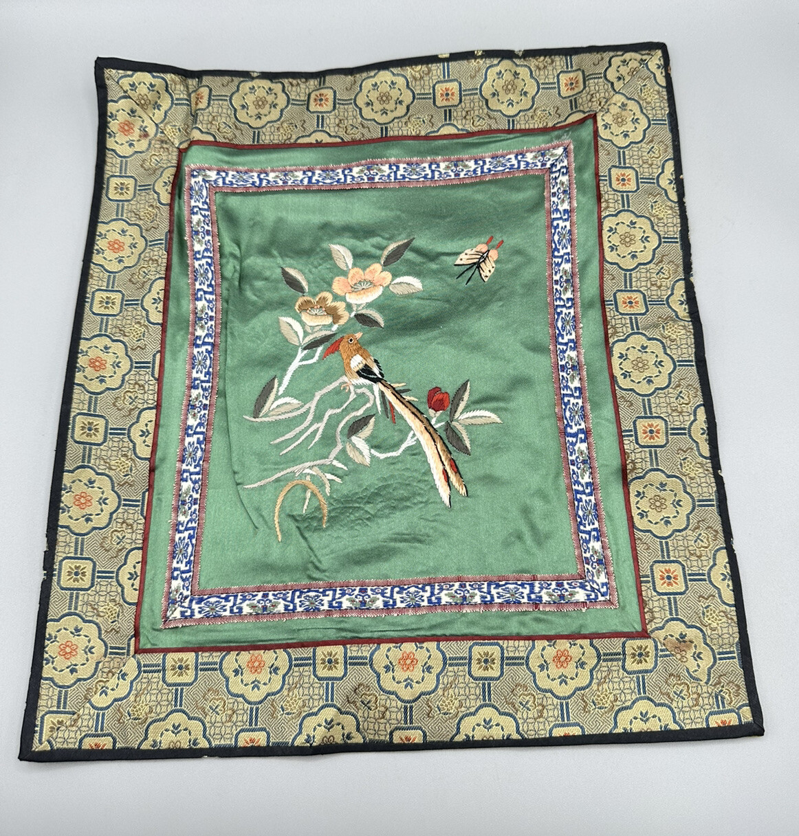 Vintage Chinese Silk Flower Floral With Elegant Bird Embroidery Panel 11x12in”