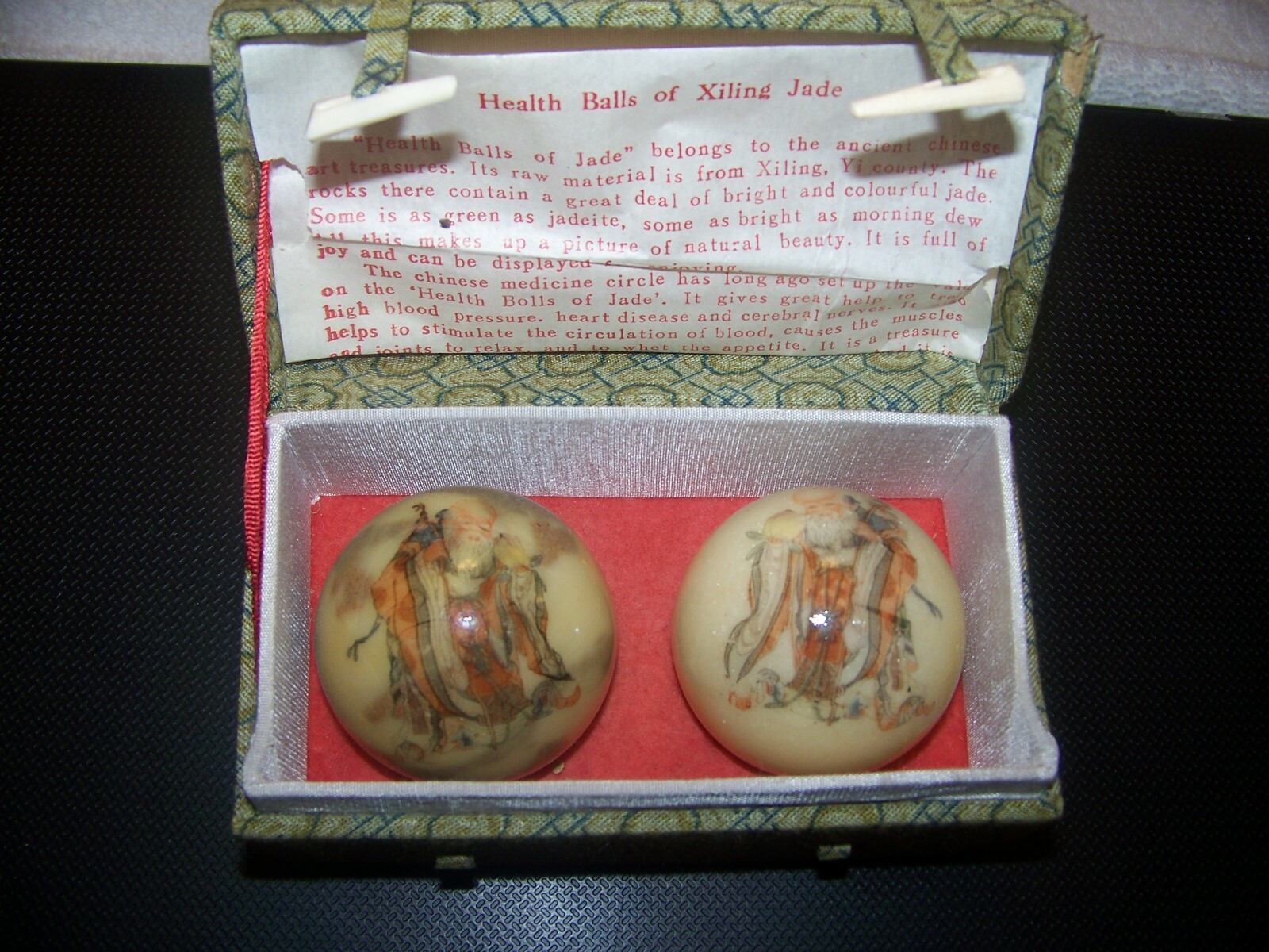China Health Balls(Made of Xiling Jade) 2 Immortals, Cloth Box, Paperwork Inside