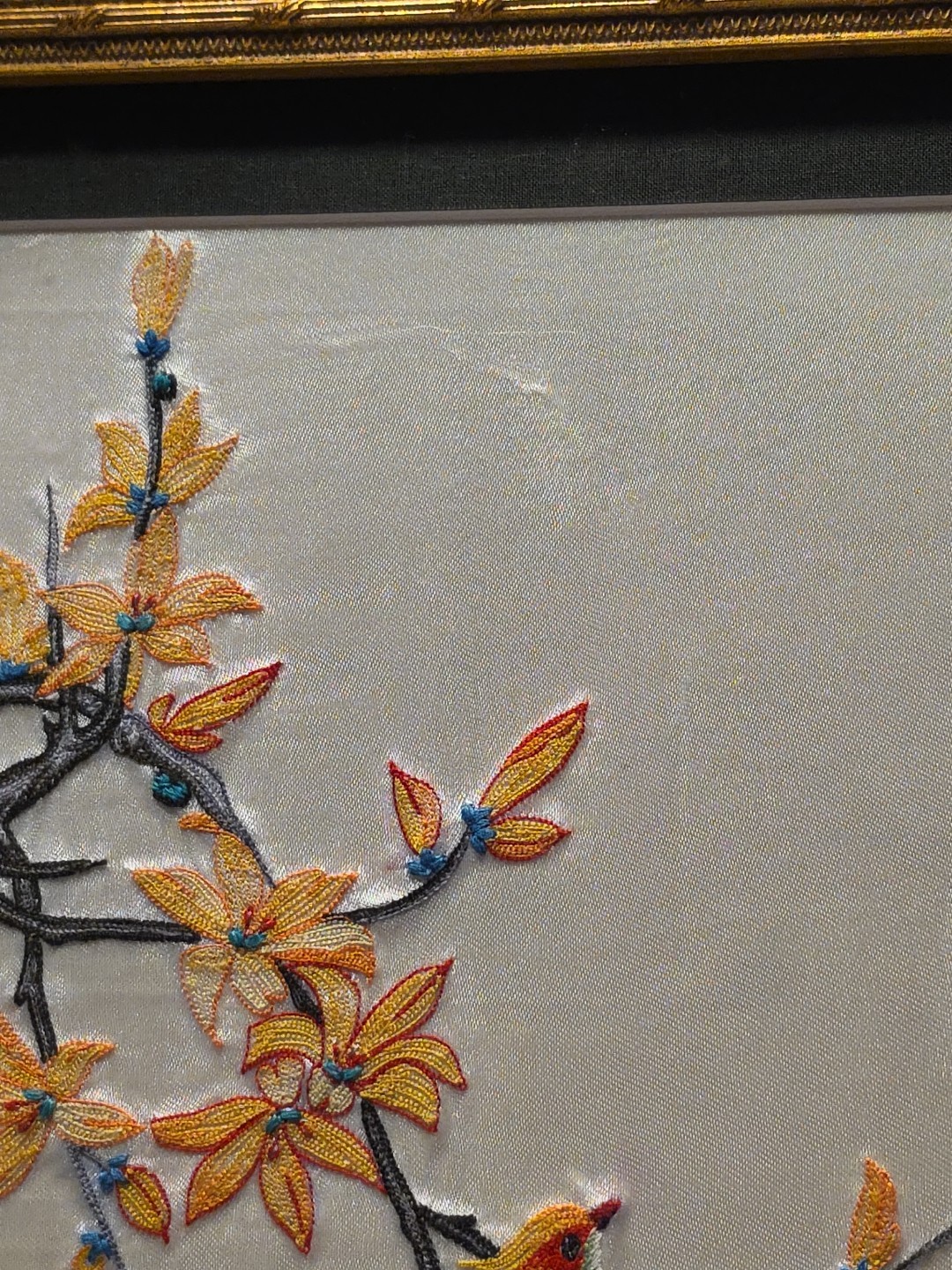 VTG Asian Chinese Silk Embroided Bird on Blossom Branch Framed Art 11.5″x 14.5″