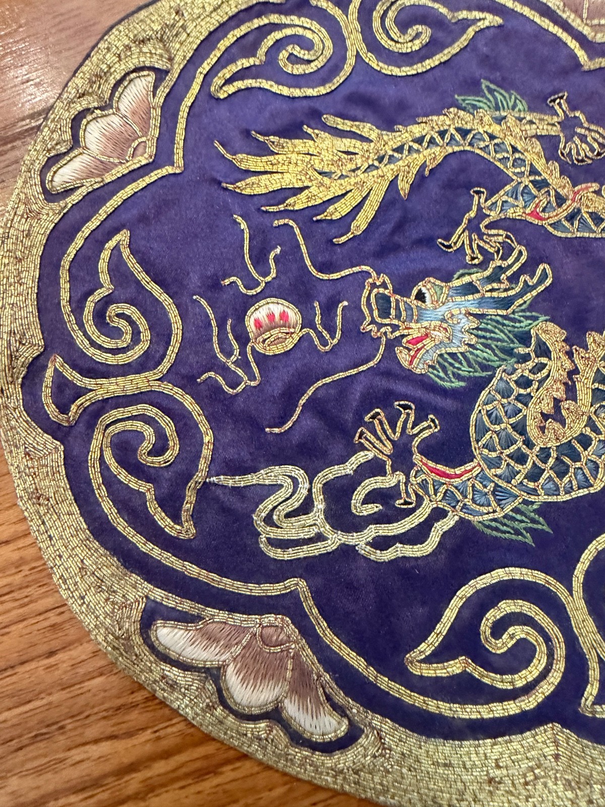 VTG Chinese Golden Cloud Silk Hand Embroidered Dragon purple Mat Doily Art Piece