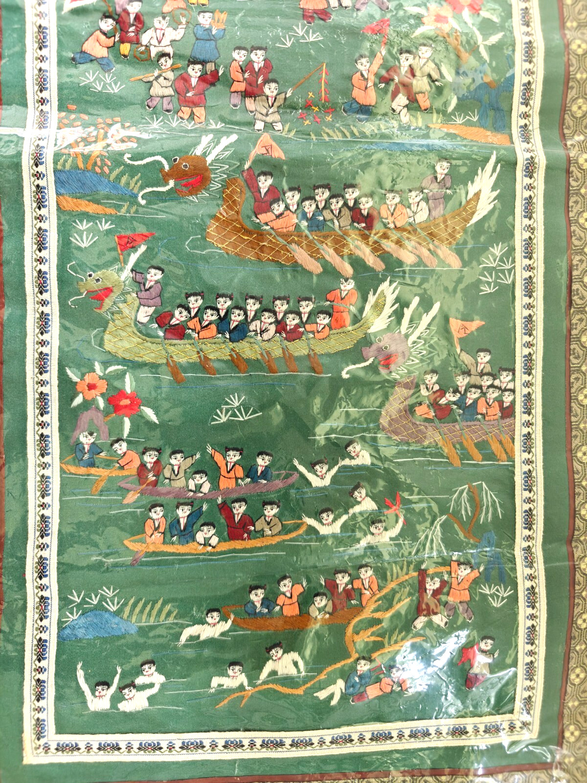 Vintage Chinese Silk Embroidery Panel Dragon Boats People Green 12.5×25″ NOS