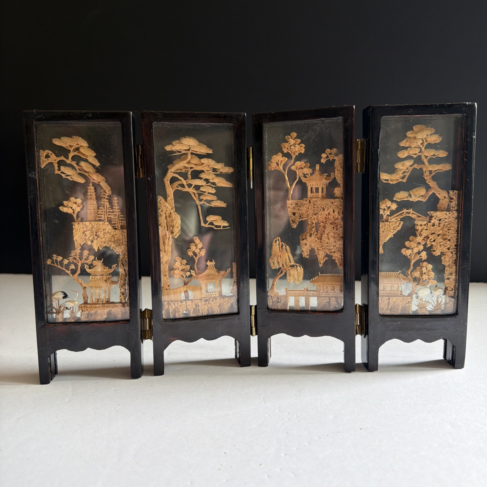 Vtg Chinese Cork Art Screen Folding 4 Panel Glass Pagoda Cranes Black Lacquer