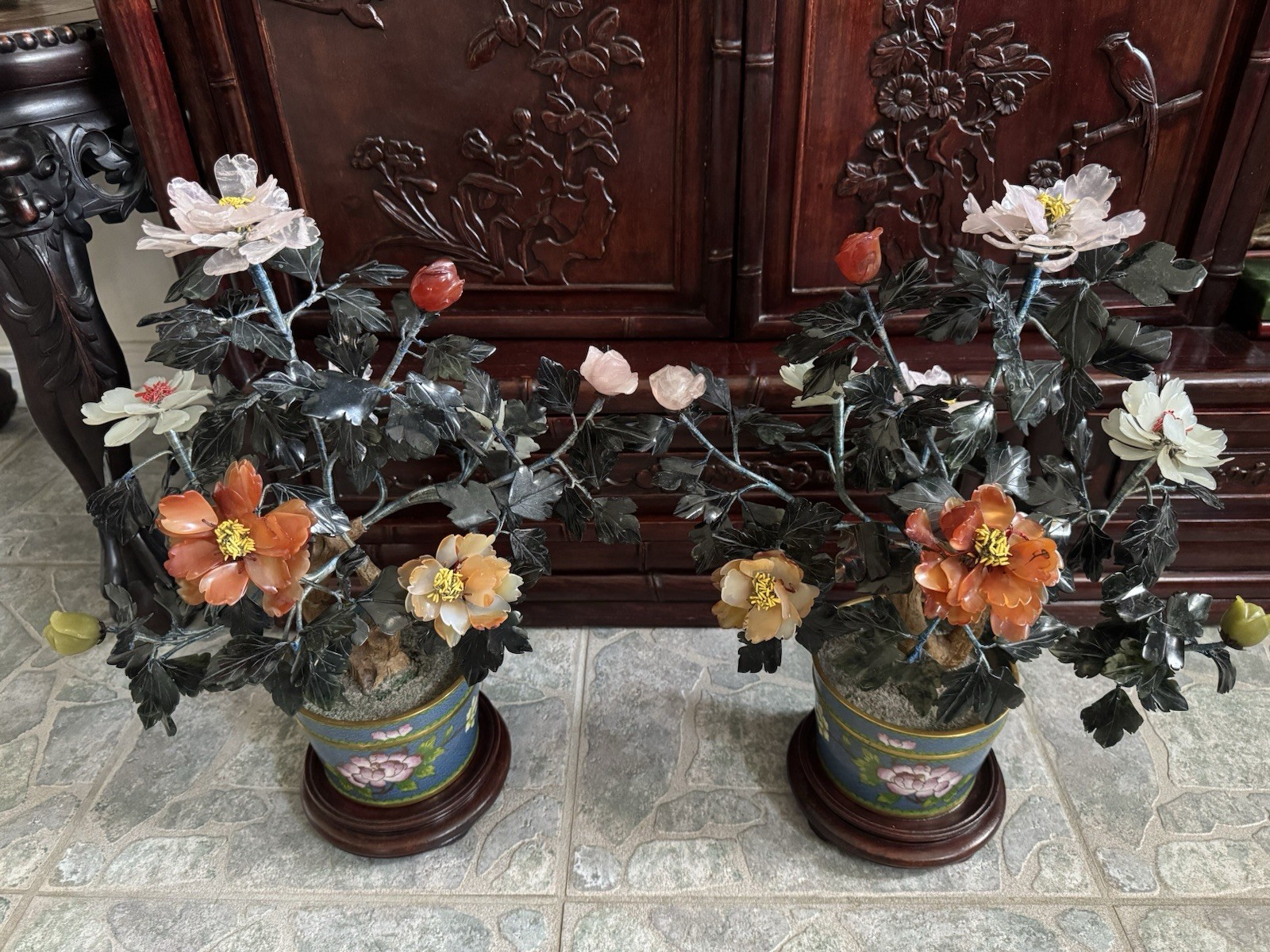 SET PAIR of matching 15” High JADE stone flower tree bonsai with cloisonné Pot