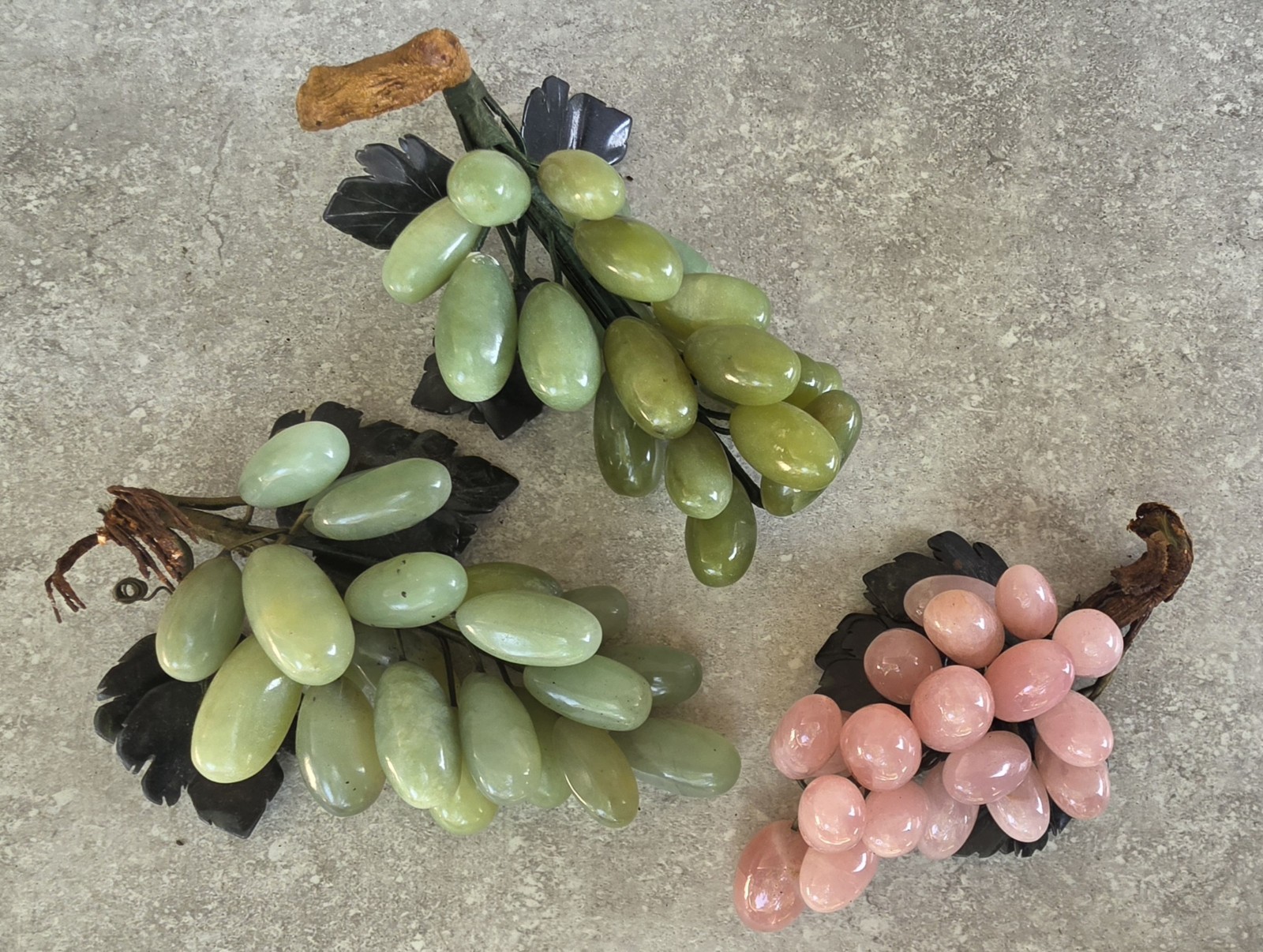 Lot 3 Vtg Green Jade Pink Quartz Chinese Stone Grape Leaf Clusters Carved Leaves