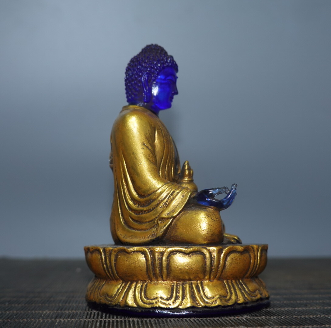 4.7″ Chinese Blue Coloured Glaze Paintings Gild Buddhism Medicine Buddha Statue