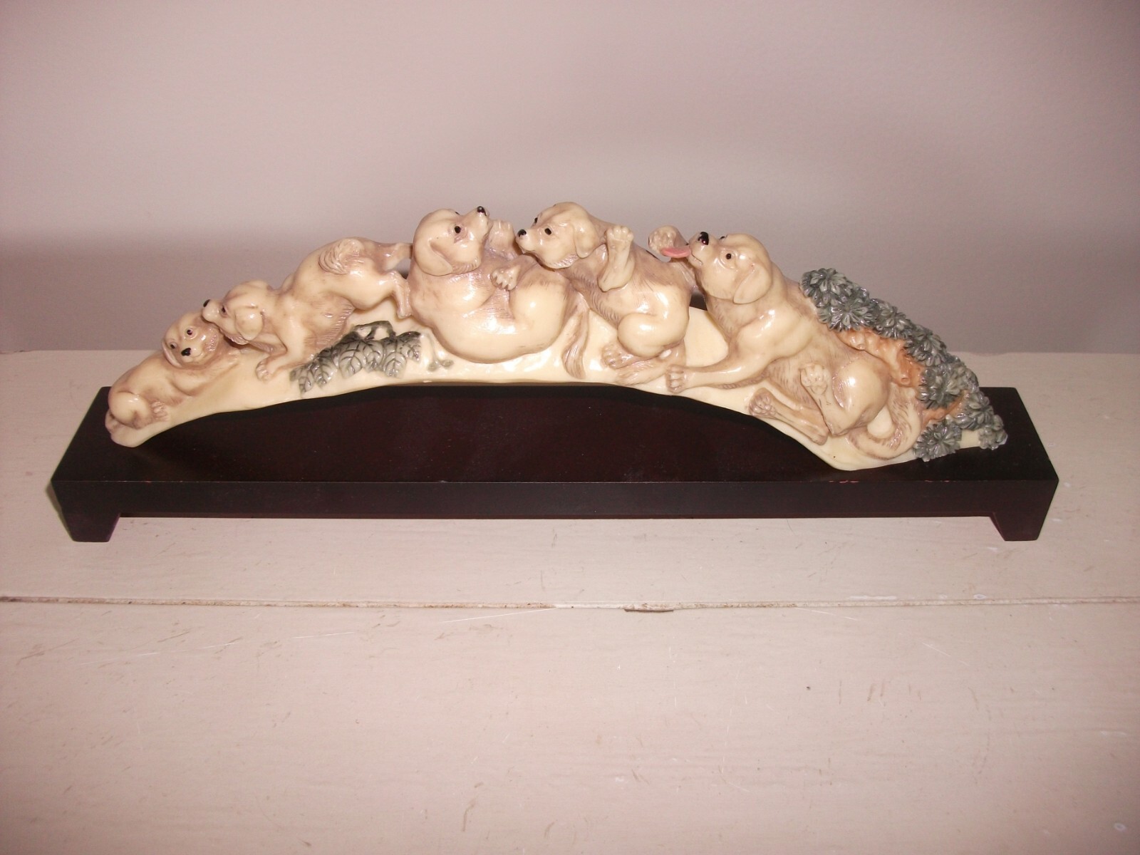 DOGS on Bridge / Arch on Wood Stand Base – Asian ? – Resin? Carved ? 10″ Long