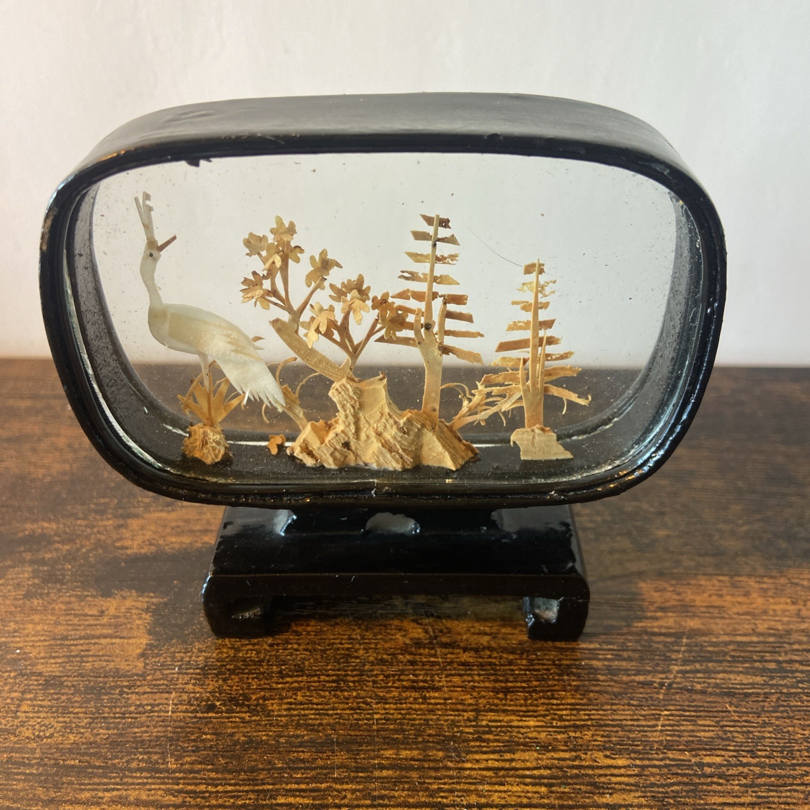 Vtg. Carved Cork Chinese Art Diorama with Cranes Pagoda and Trees Black Lacquer